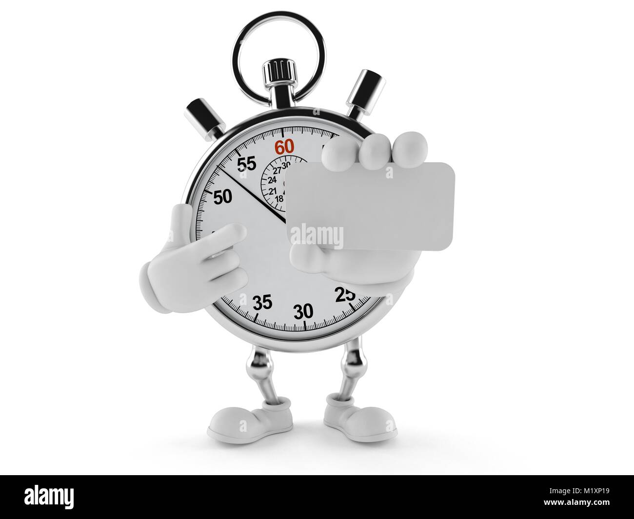 Stopwatch character holding blank business card isolated on white ...