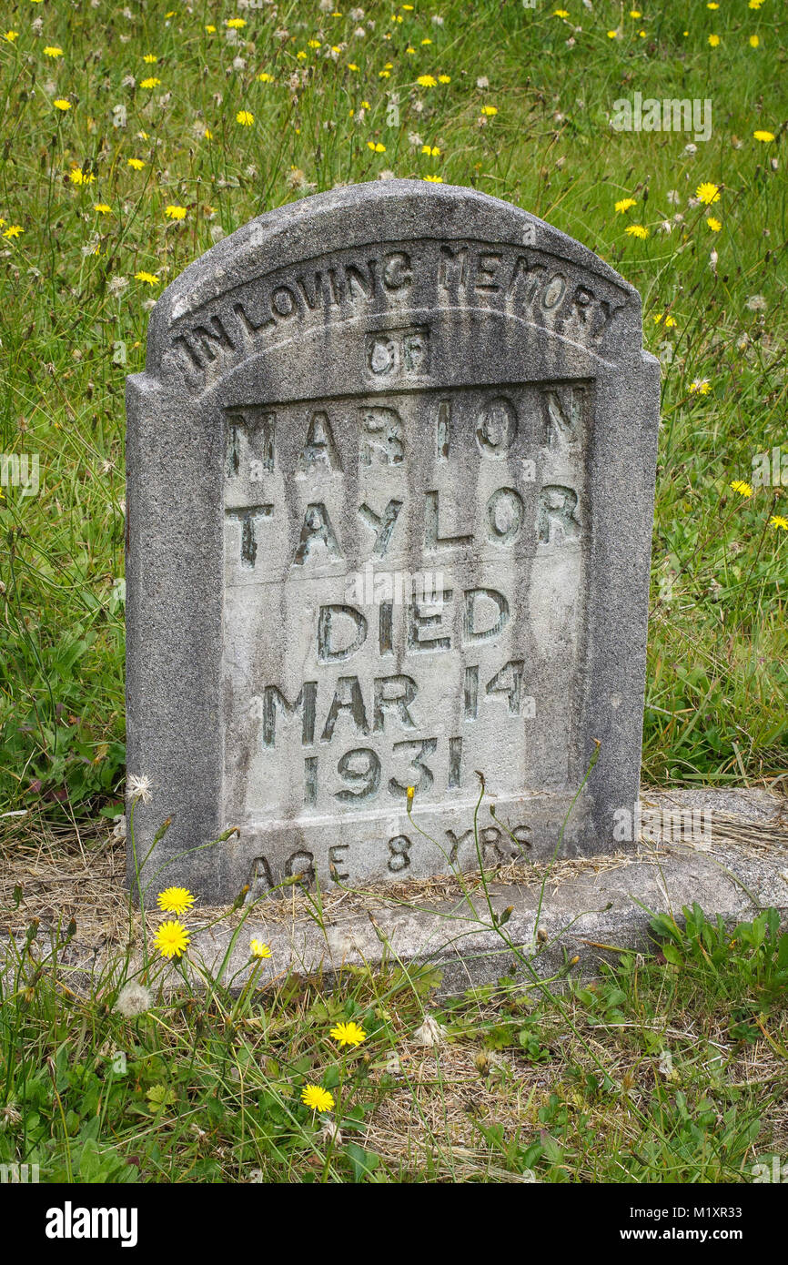 A headstone in a cemetery marks the grave of a young girl who died in 1931 in a small community