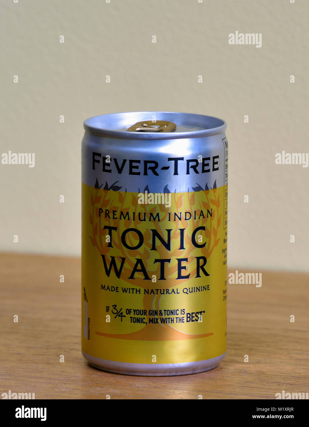 Can of Fever- Tree Premium Indian Tonic Water. Made with natural quinine. If 3/4 of your gin and tonic is tonic, mix with the best. Stock Photo