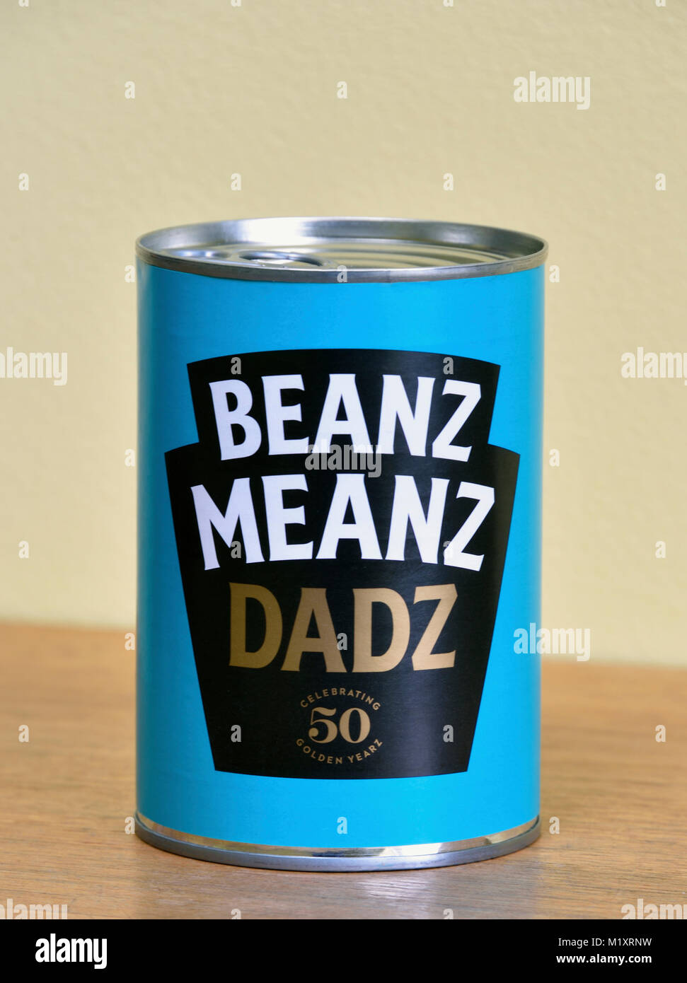 Beanz Meanz Dadz. Can of Heinz baked beans. Celebrating 50 golden years. Stock Photo