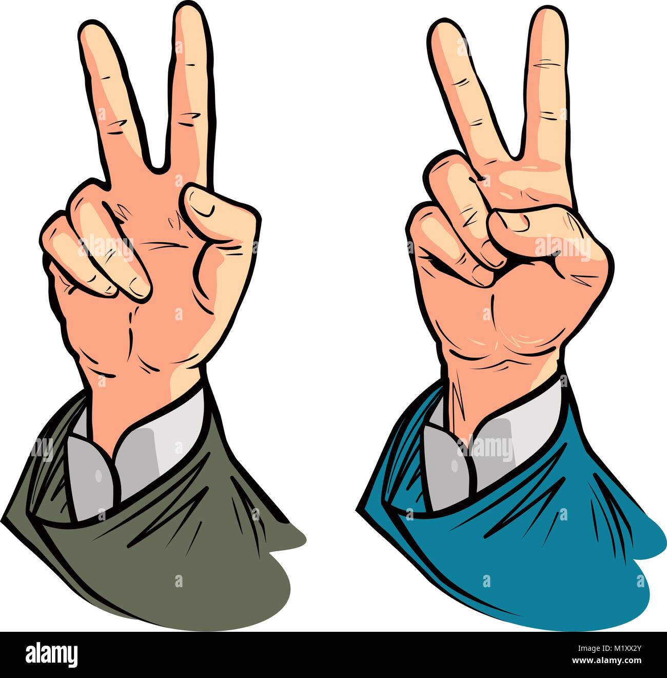Hand gesture of victory or peace. Vector illustration in pop art retro comic style Stock Vector