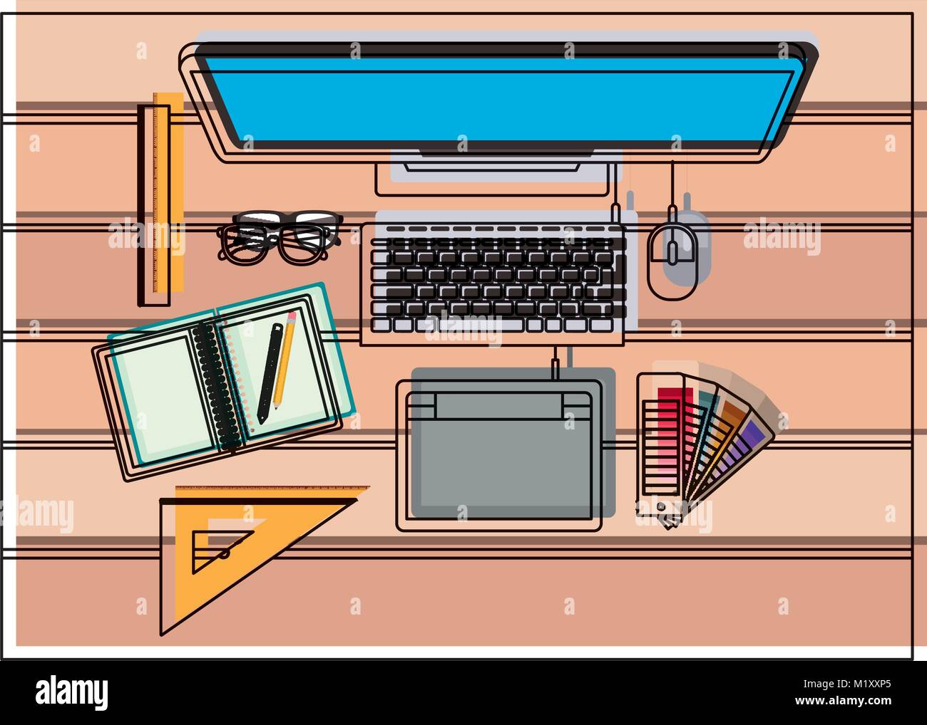 desktop computer and drawing tools over desk on top view in watercolor  silhouette Stock Vector Image & Art - Alamy