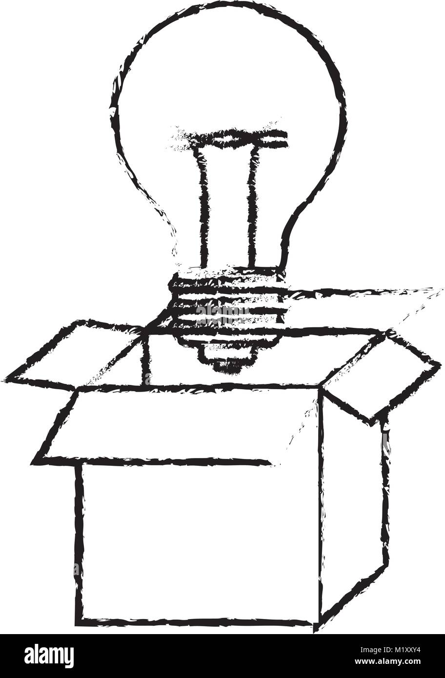 cardboard box and light bulb in black blurred contour Stock Vector