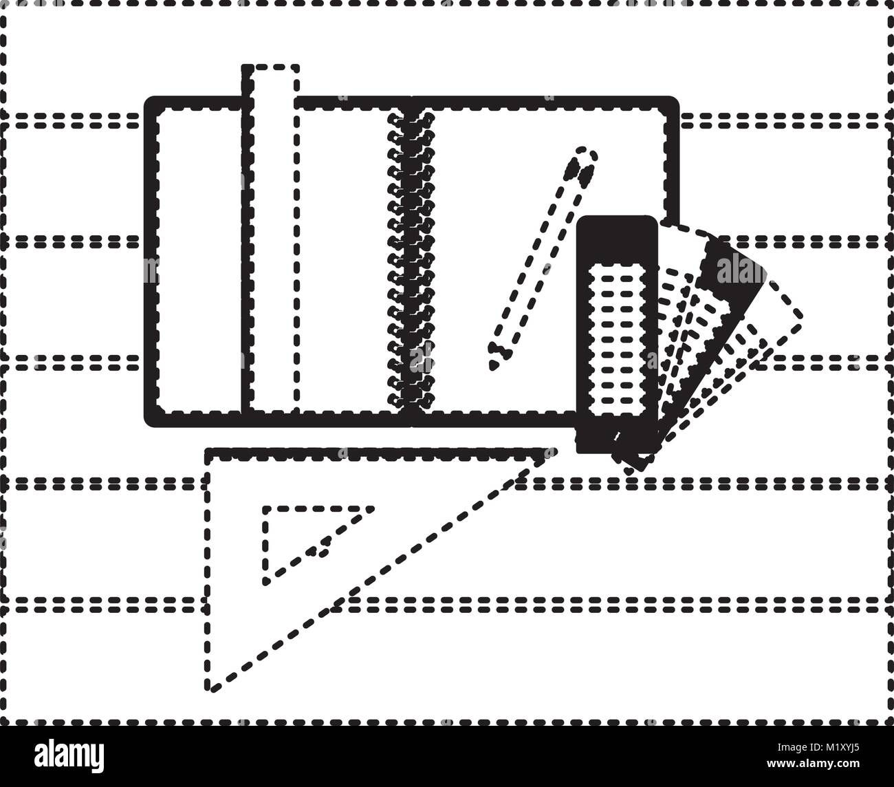 drawing tools and notebook over table top view in black dotted contour