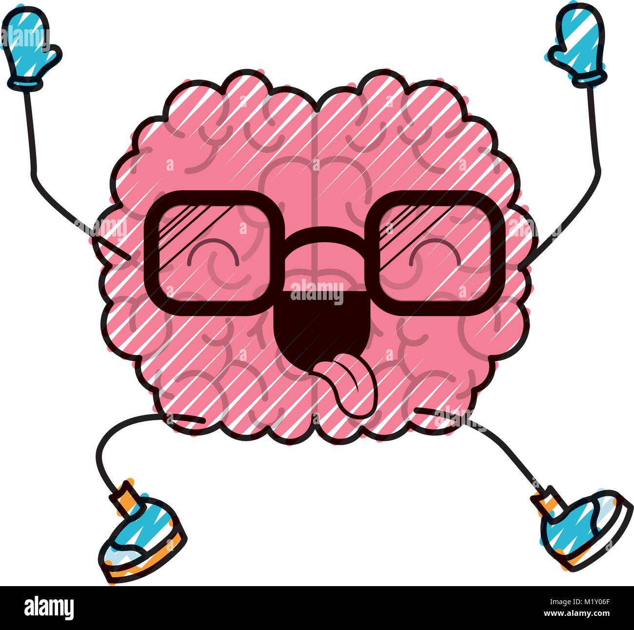 brain cartoon with glasses jumping for joy in colored crayon silhouette ...