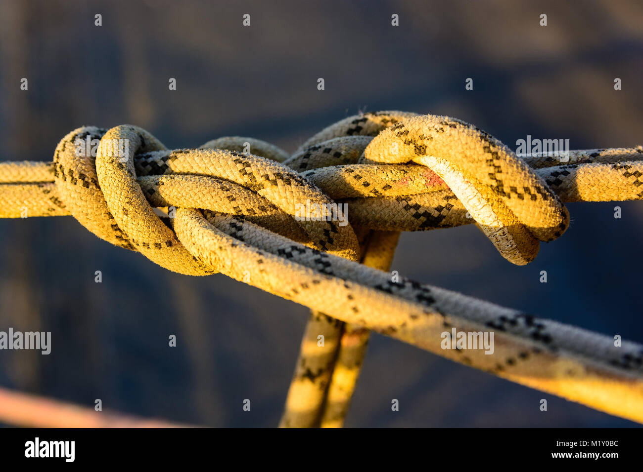 Closeup stretched and tied industrial braided rope Stock Photo - Alamy