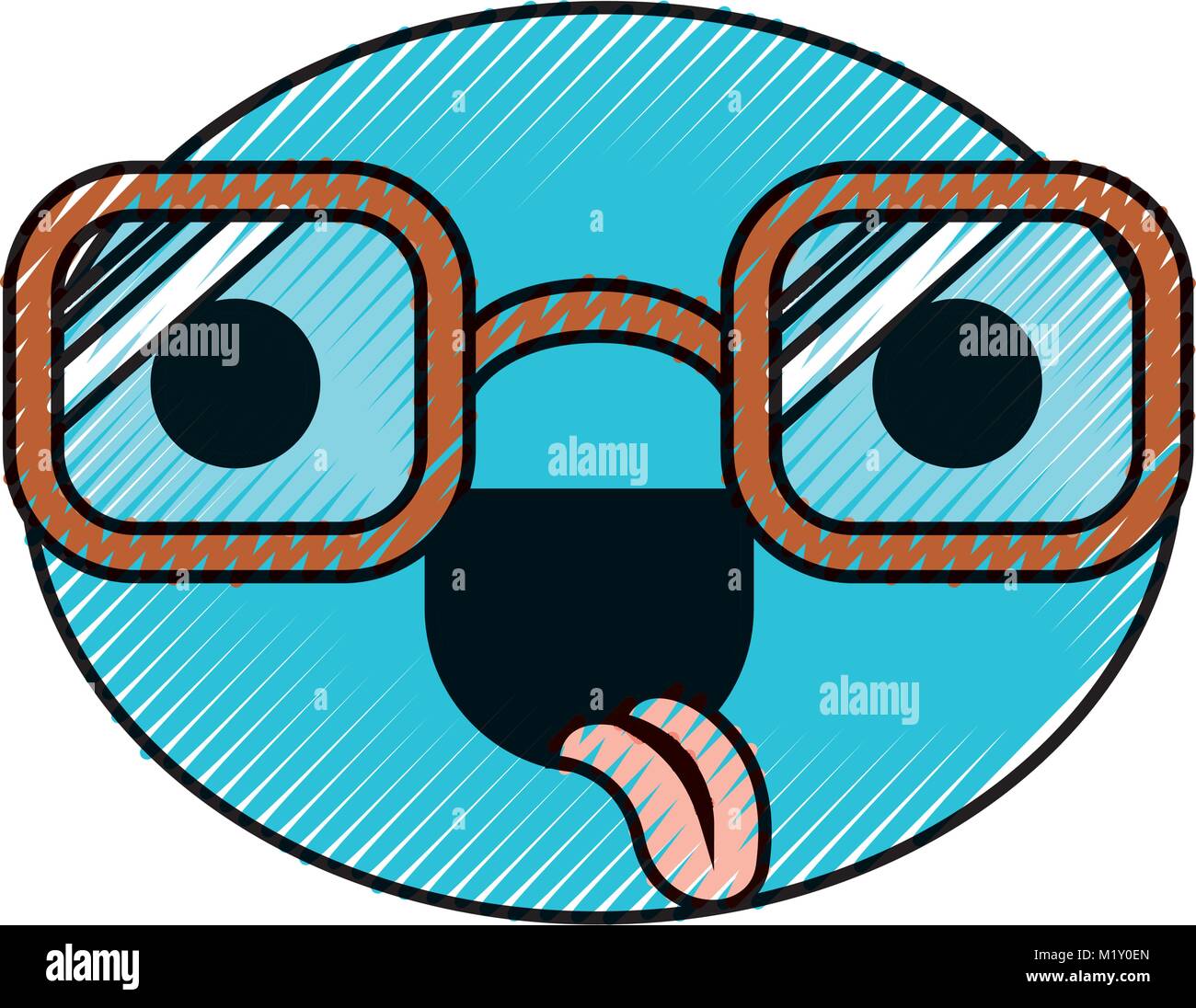 caricature round face with glasses and funny expression in colored ...