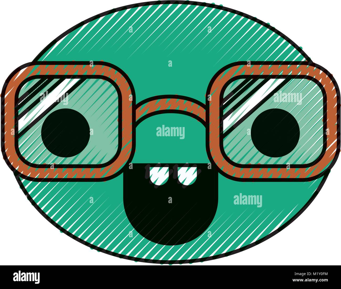 caricature round face with glasses and happy expression in colored ...