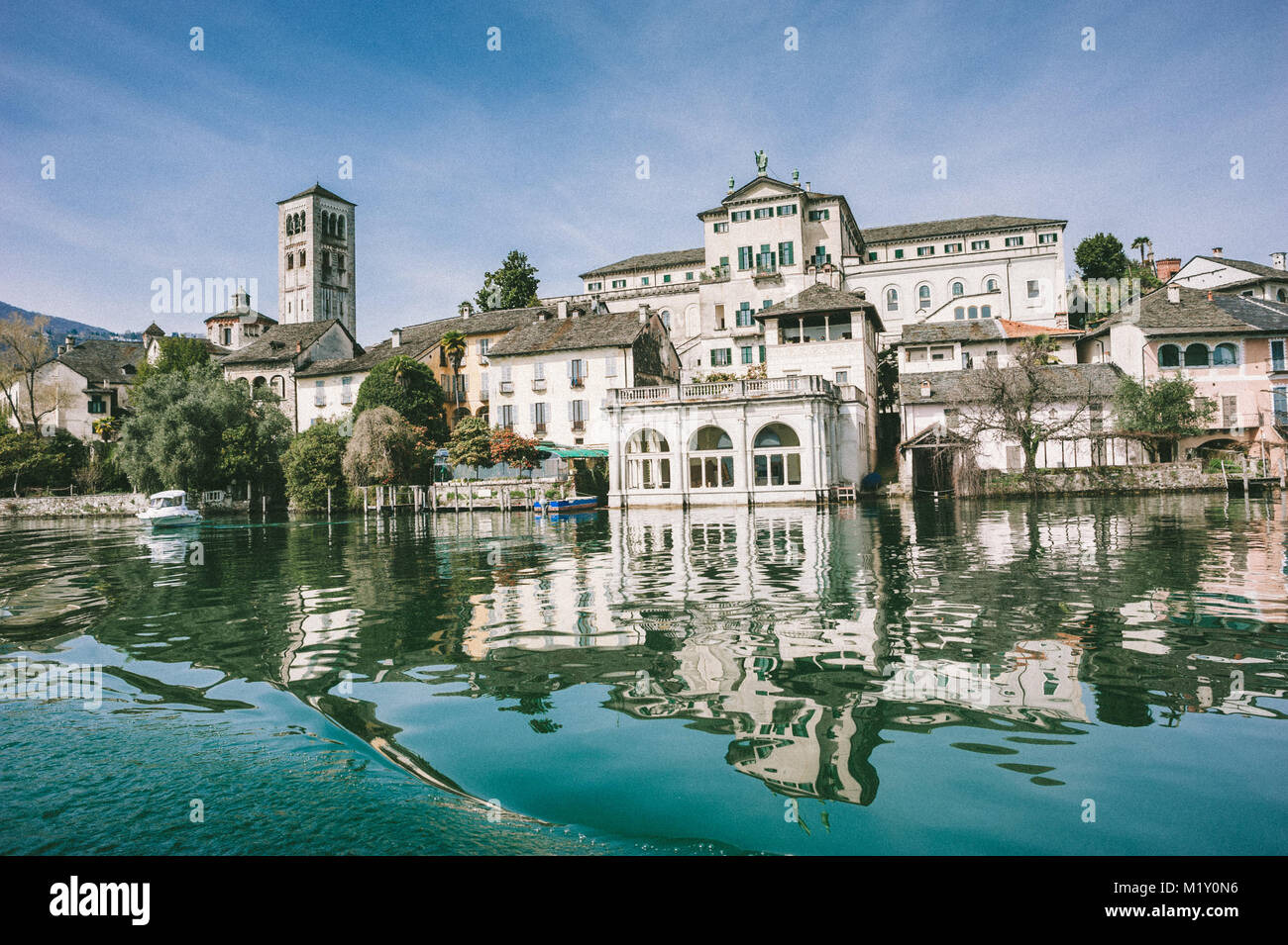 view of the island of San Giulio on Lake Orta, one of the most romantic lakes in Europe Stock Photo