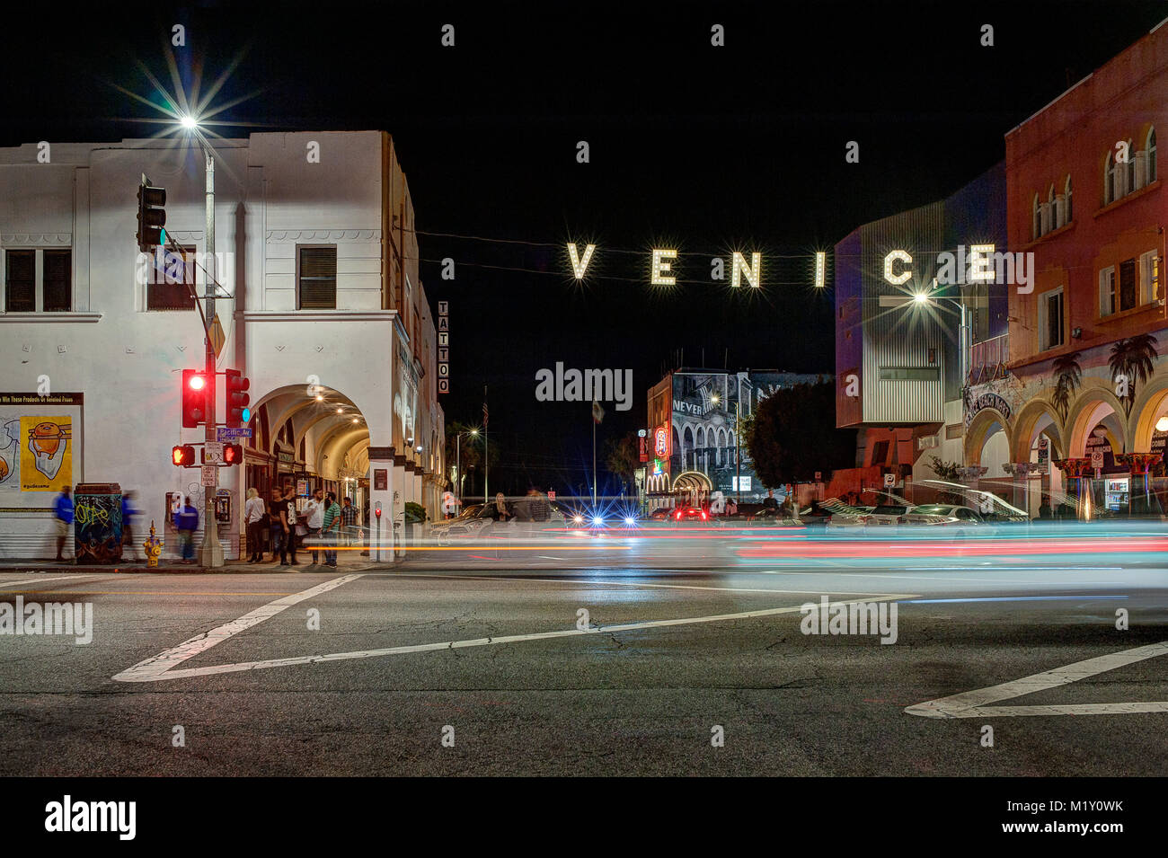 The iconic Venice Beach Lighted Sign photographed at night in Venice Beach, CA. Stock Photo