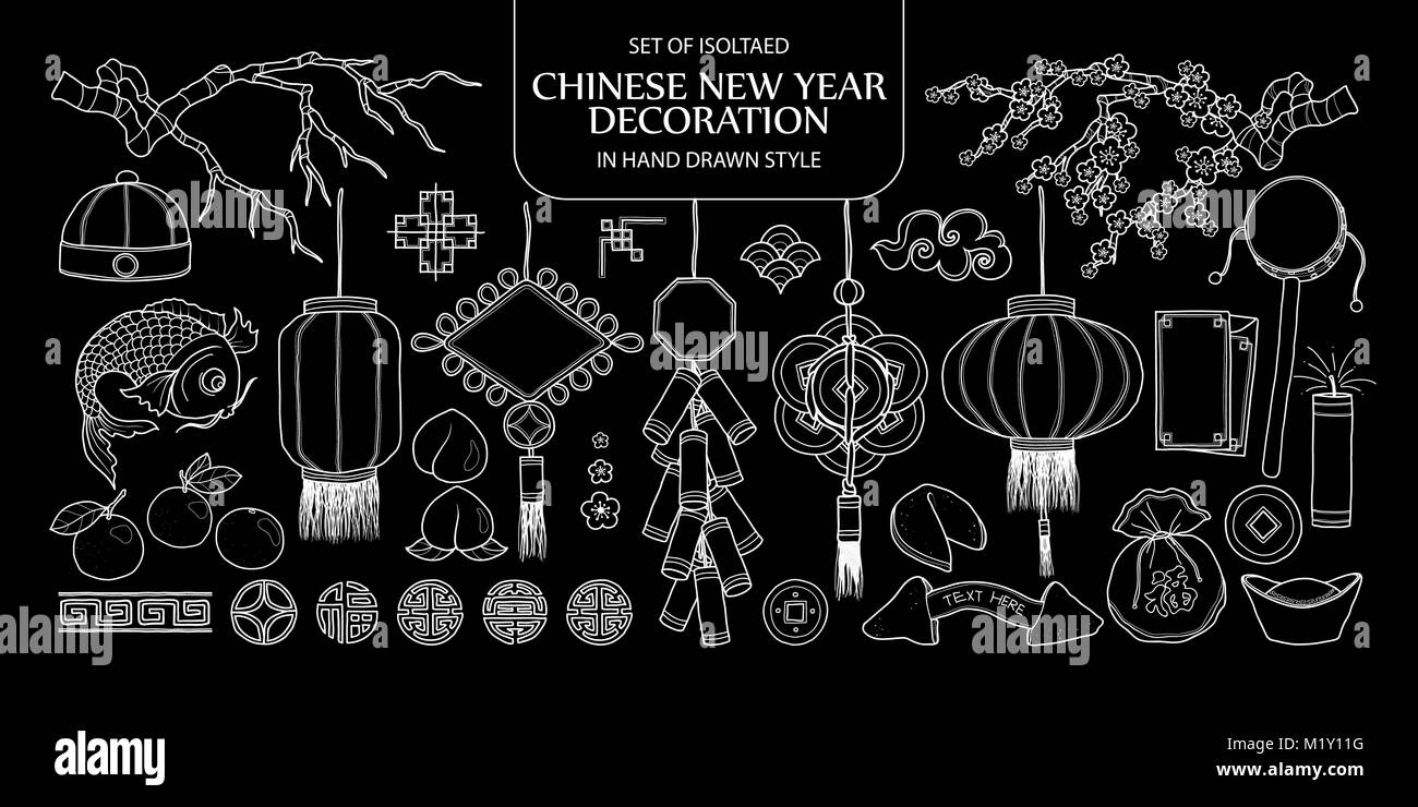 Set of isolated Chinese New year decoration. Cute hand drawn vector illustration only white outline on black background. Stock Vector