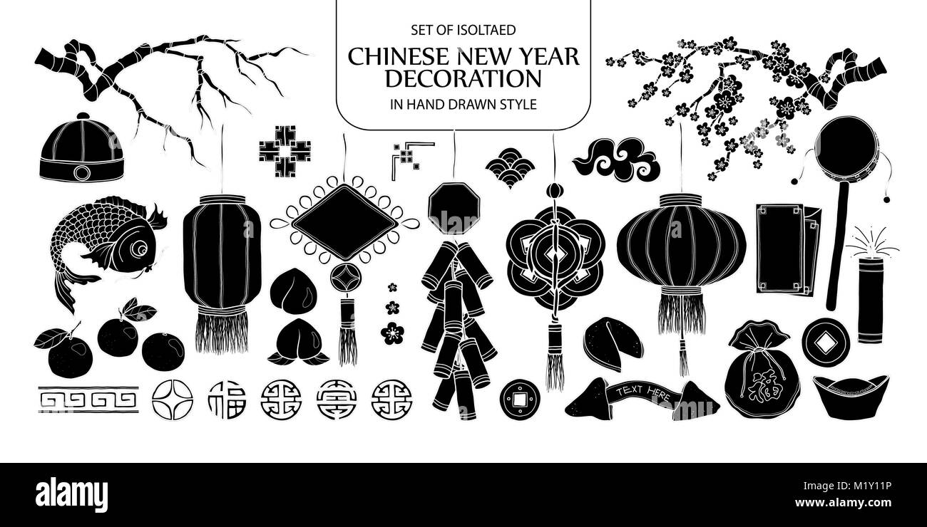 Set of isolated silhouette Chinese New Year decoration. Cute hand drawn vector illustration in black plane and white outline on white background. Stock Vector
