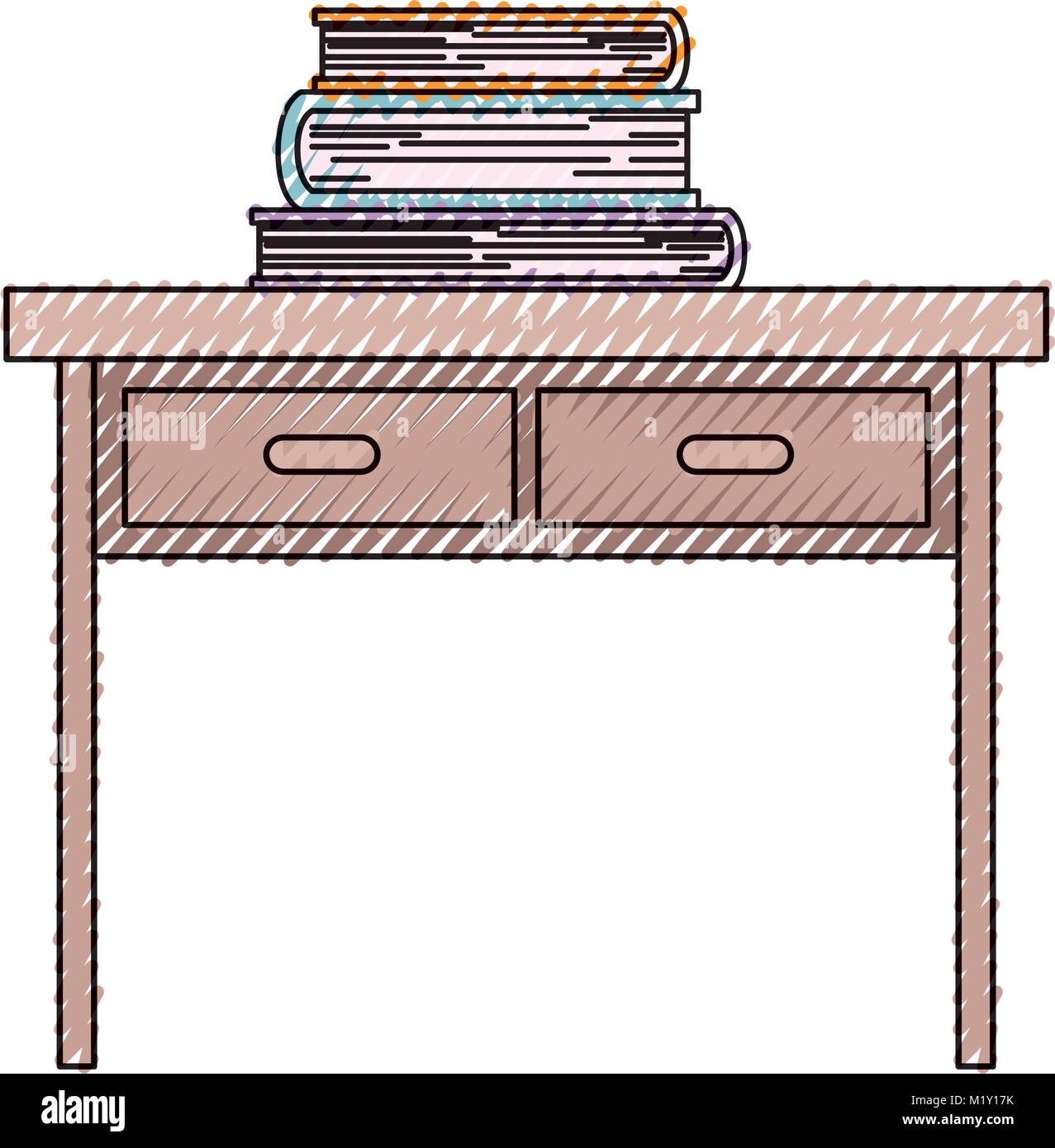 wooden desk with two drawers and books on top in colored crayon silhouette Stock Vector