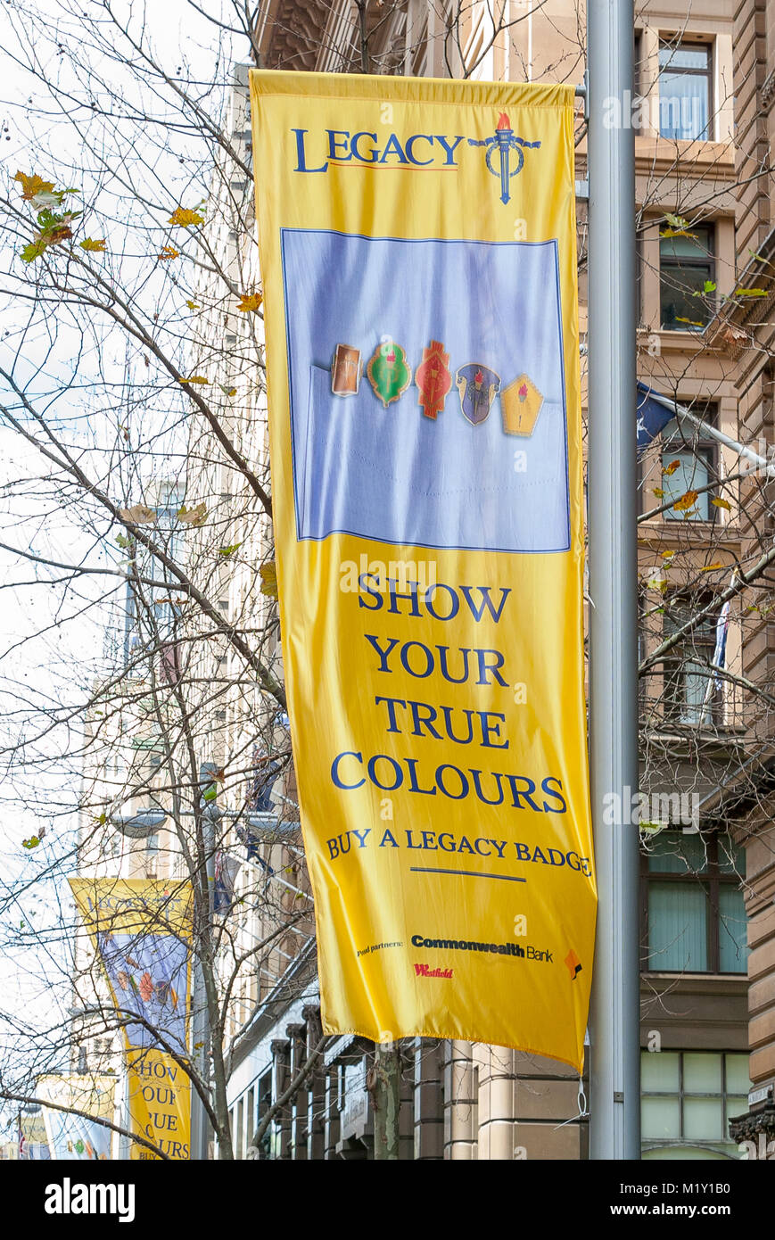 Legacy Week is launched at Martin Place in Sydney Australia for 2006. The popular annual event is well-known throughout Australia for the badge sellers who collect funds from the public to assist Australia's returned services staff and their relatives. Pictured: a Legacy Week banner in Martin Place. Stock Photo