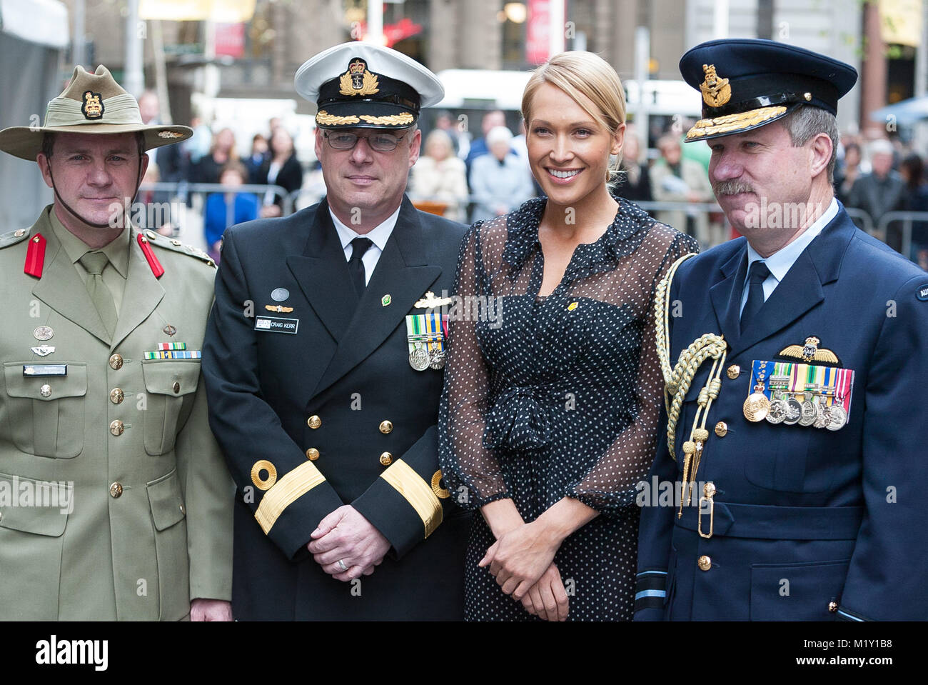 Legacy Week is launched at Martin Place in Sydney Australia for 2006. The popular annual event is well-known throughout Australia for the badge sellers who collect funds from the public to assist Australia's returned services staff and their relatives. Pictured: Erika Heynatz with senior members of the ADF (Australian Defence Force). Stock Photo