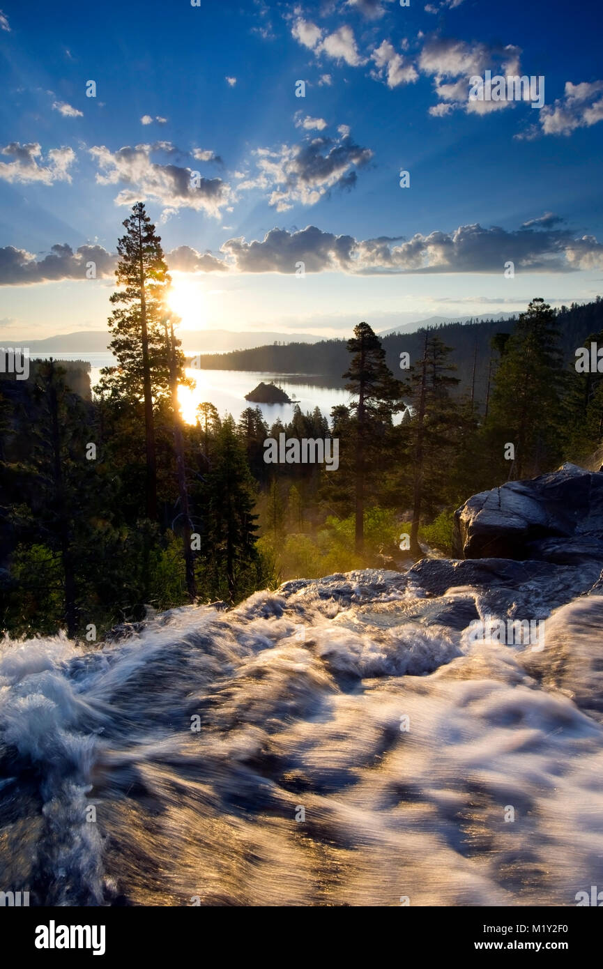 A beautiful sunrise at Eagle Falls at Emerald Bay in Lake Tahoe, California. Eagle Falls and Emerald Bay are the most popular tourist attractions in L Stock Photo