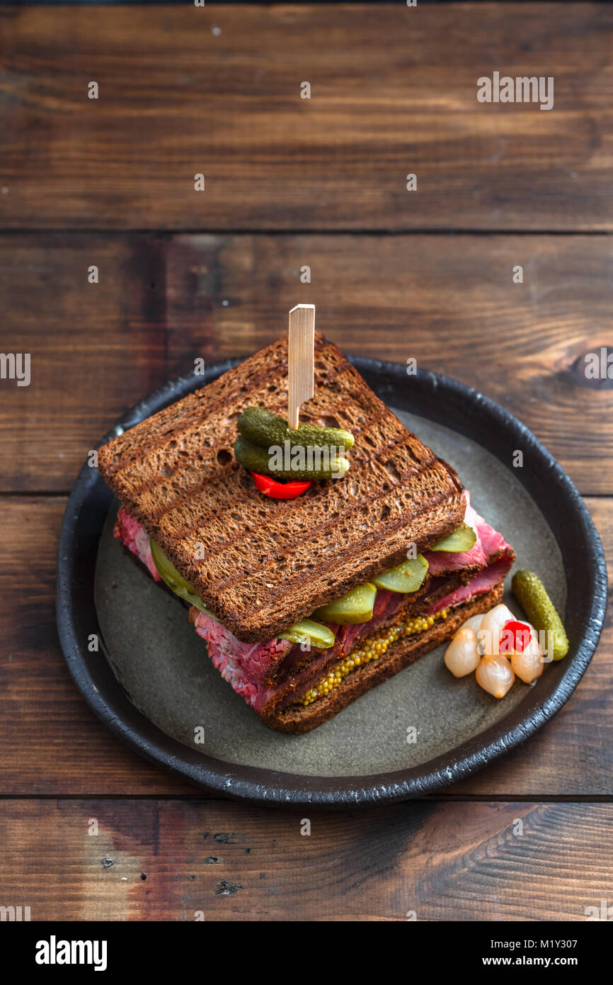 pastrami sandwich with pickle, top view Stock Photo Alamy