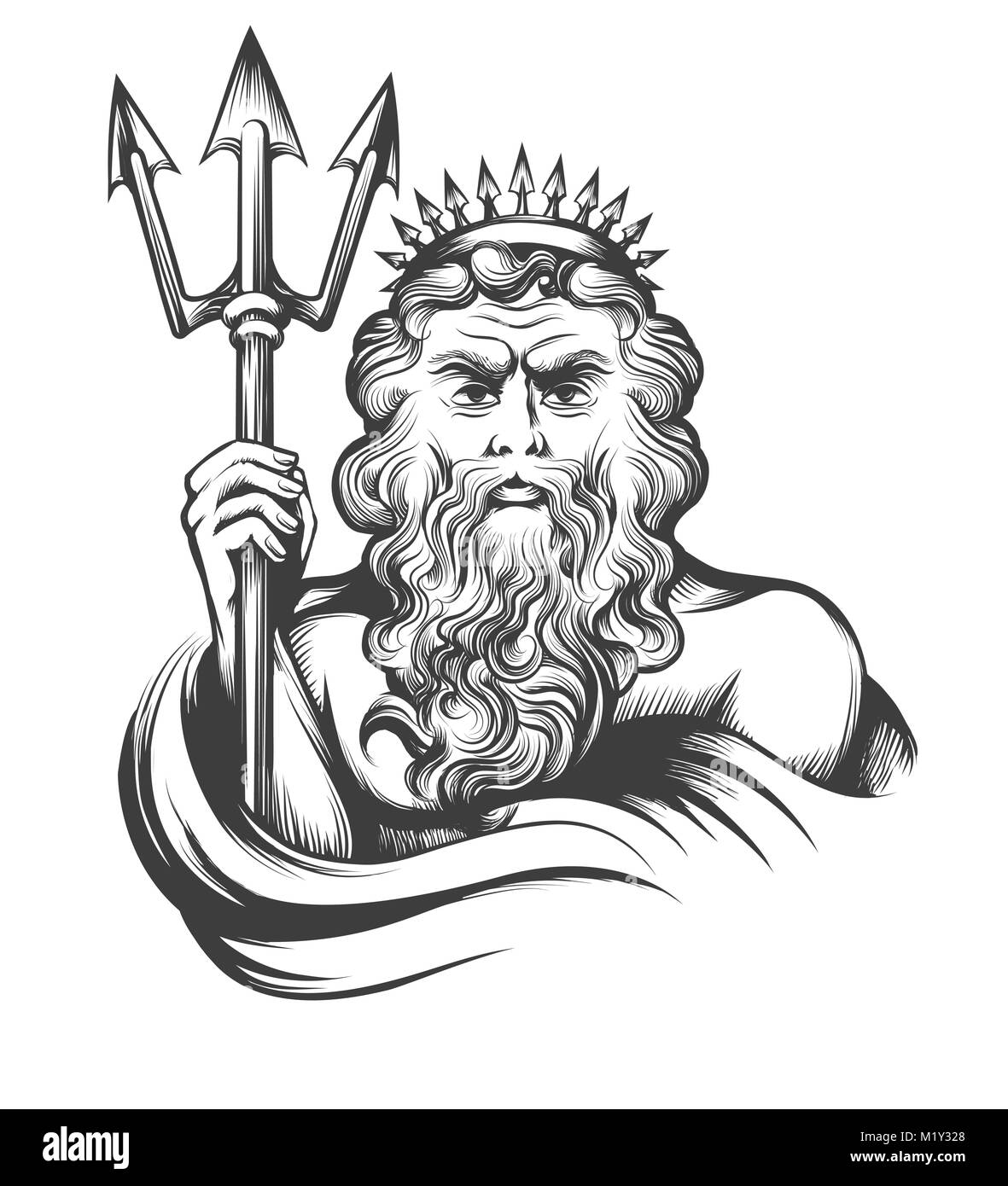 Neptune holds Trident drawn in engraving style isolated on white background. Vector illustration. Stock Vector