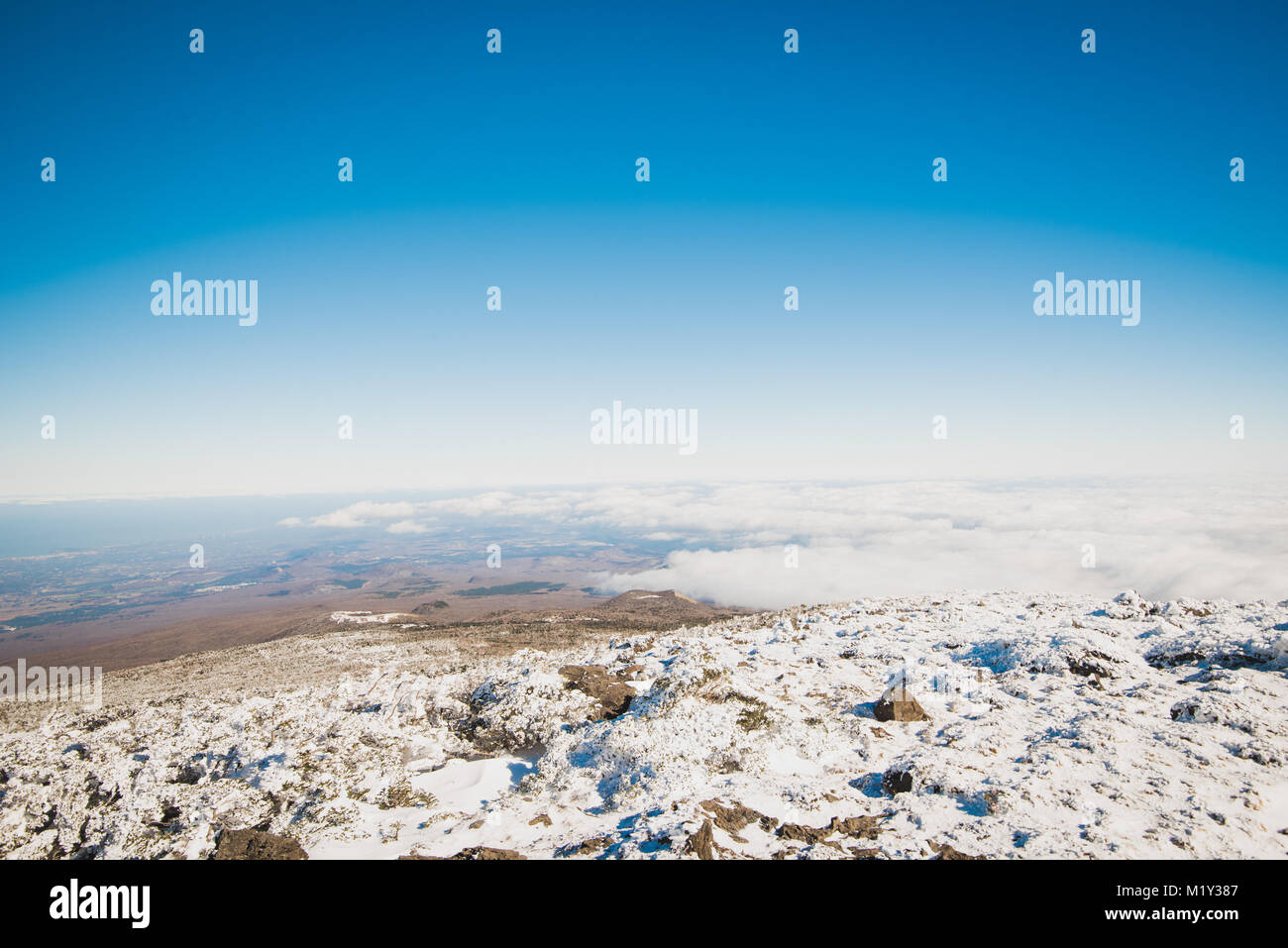 Hiking Mount Hallasan, the highest peak in Korea after a snow storm the night before. Stock Photo