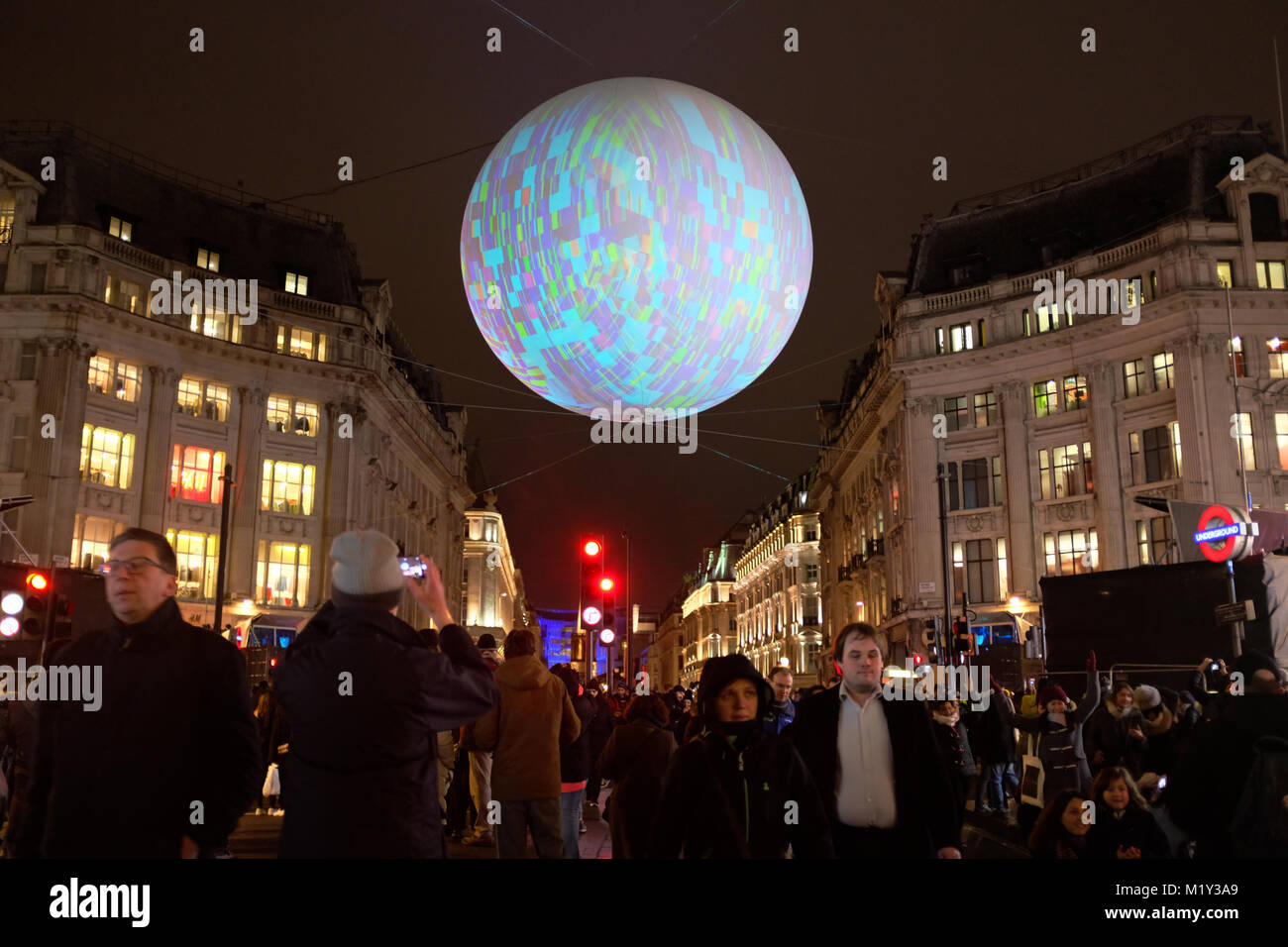 Lumiere Light festival inflatable sphere over Oxford Street, London
