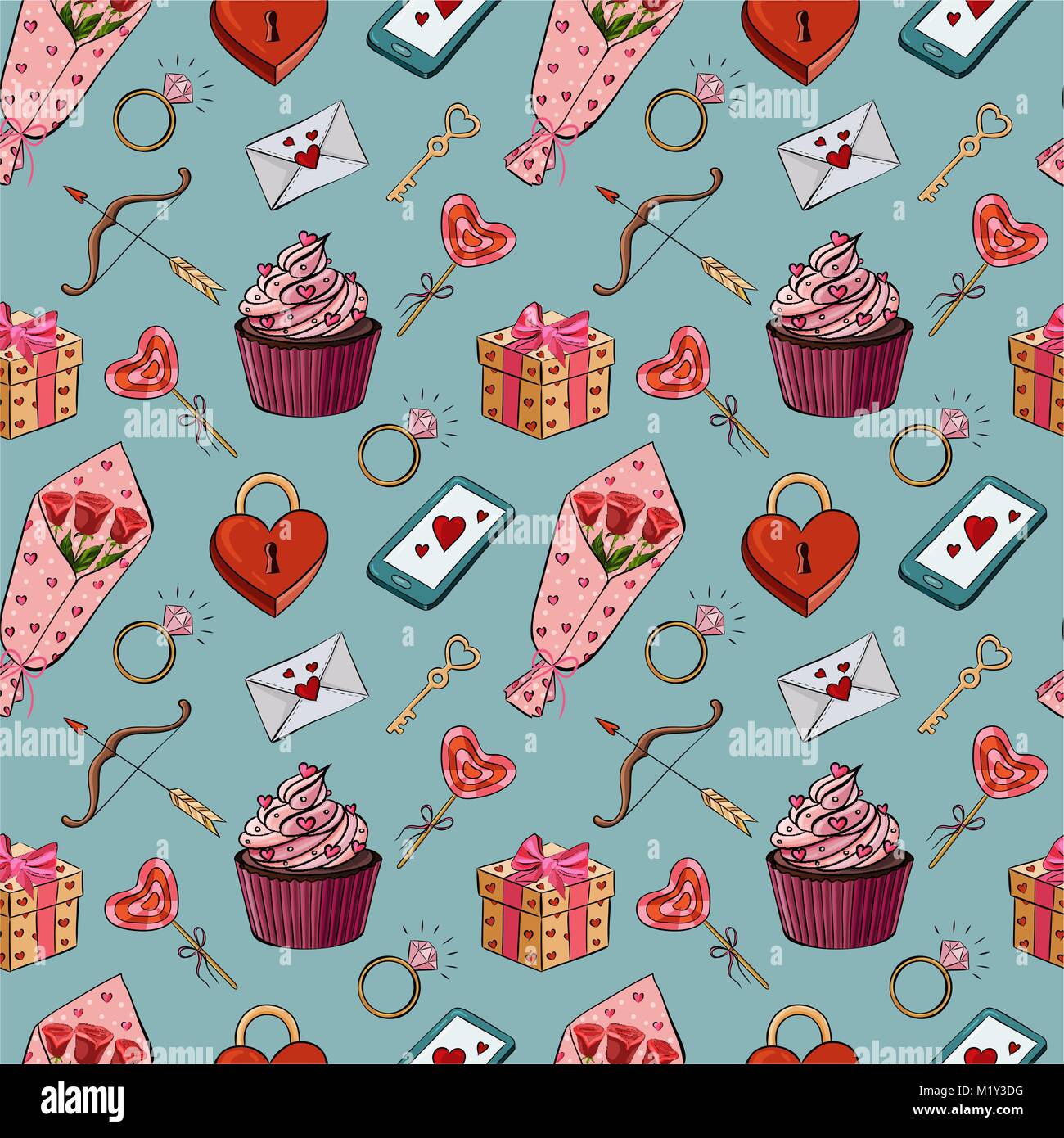 Vector illustration of a seamless pattern of sticker elements for Valentines day. Stock Vector