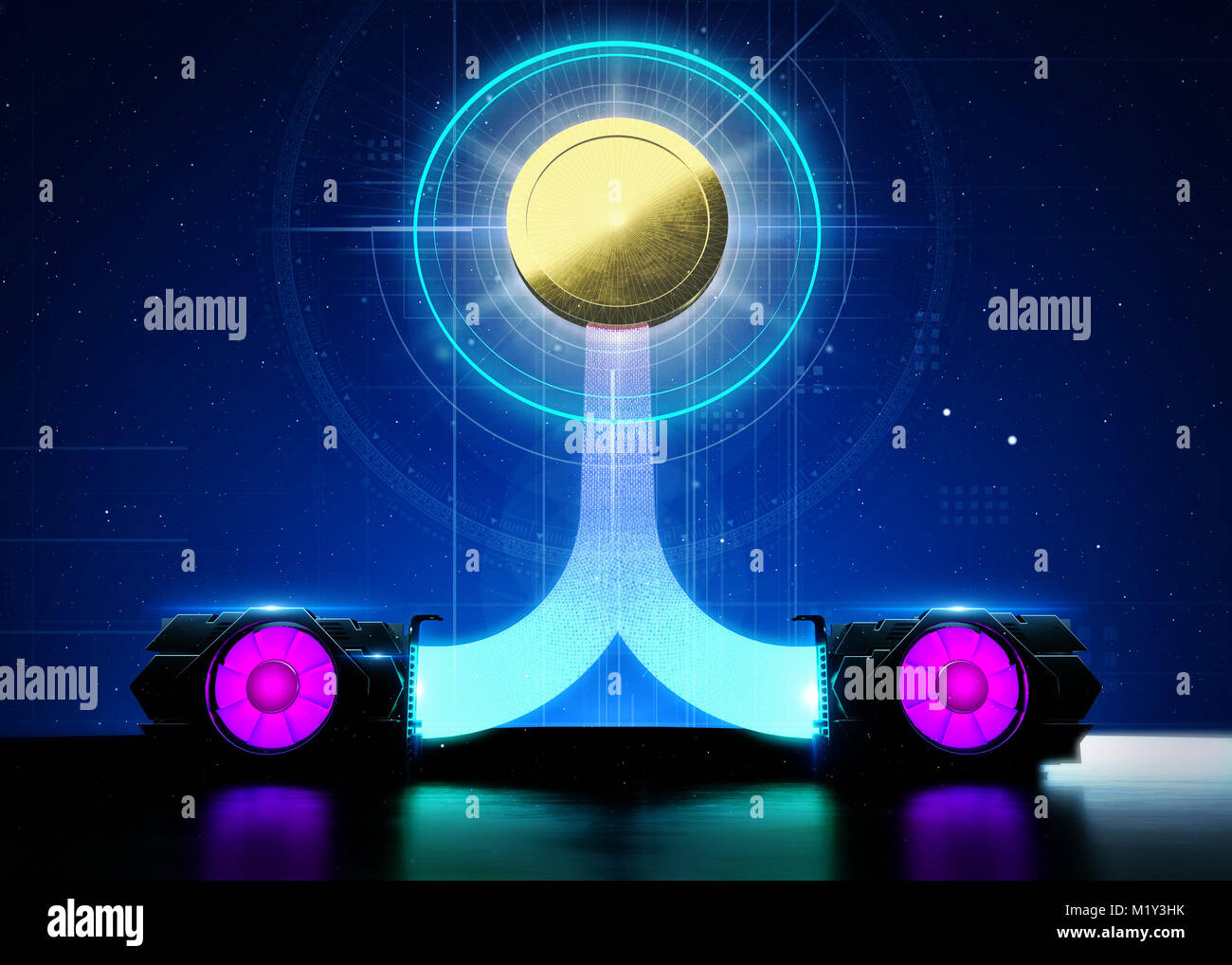 abstract cyber space with 2 gpu videocards farming cryptocurrency.  Blockchain bitcoin etherium Mining Concept. 3D render Stock Photo - Alamy