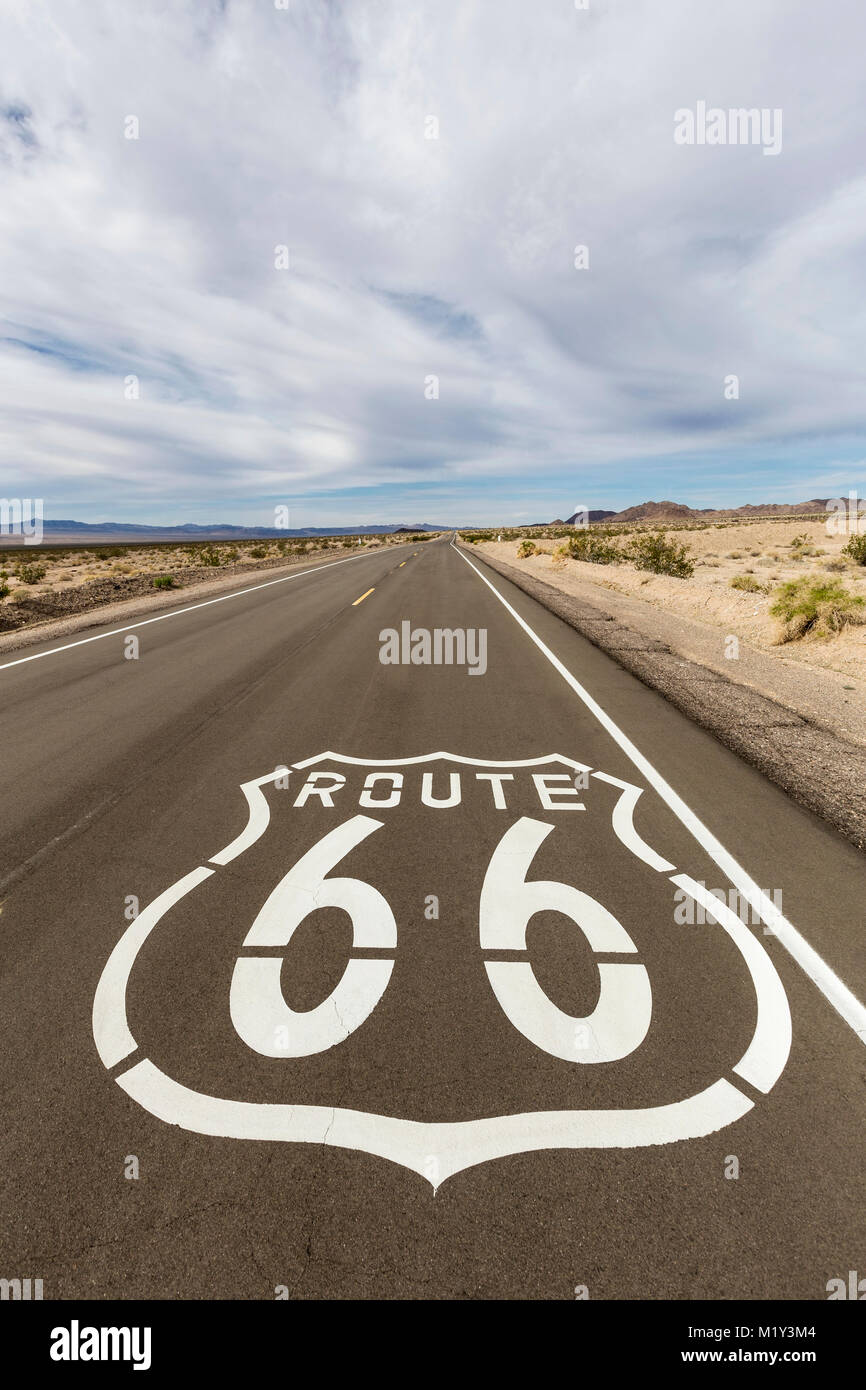 Route 66 pavement sign near Amboy deep in the California Mojave Desert. Stock Photo