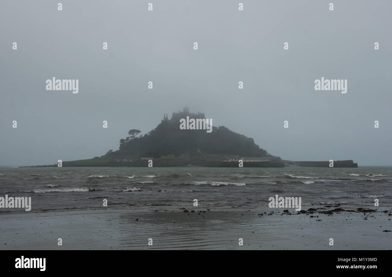 St Michael's mount, Marazion, Cornwall. Taken on a very wet and misty morning, went down to visit the castle unfortunately did no check the tide times Stock Photo