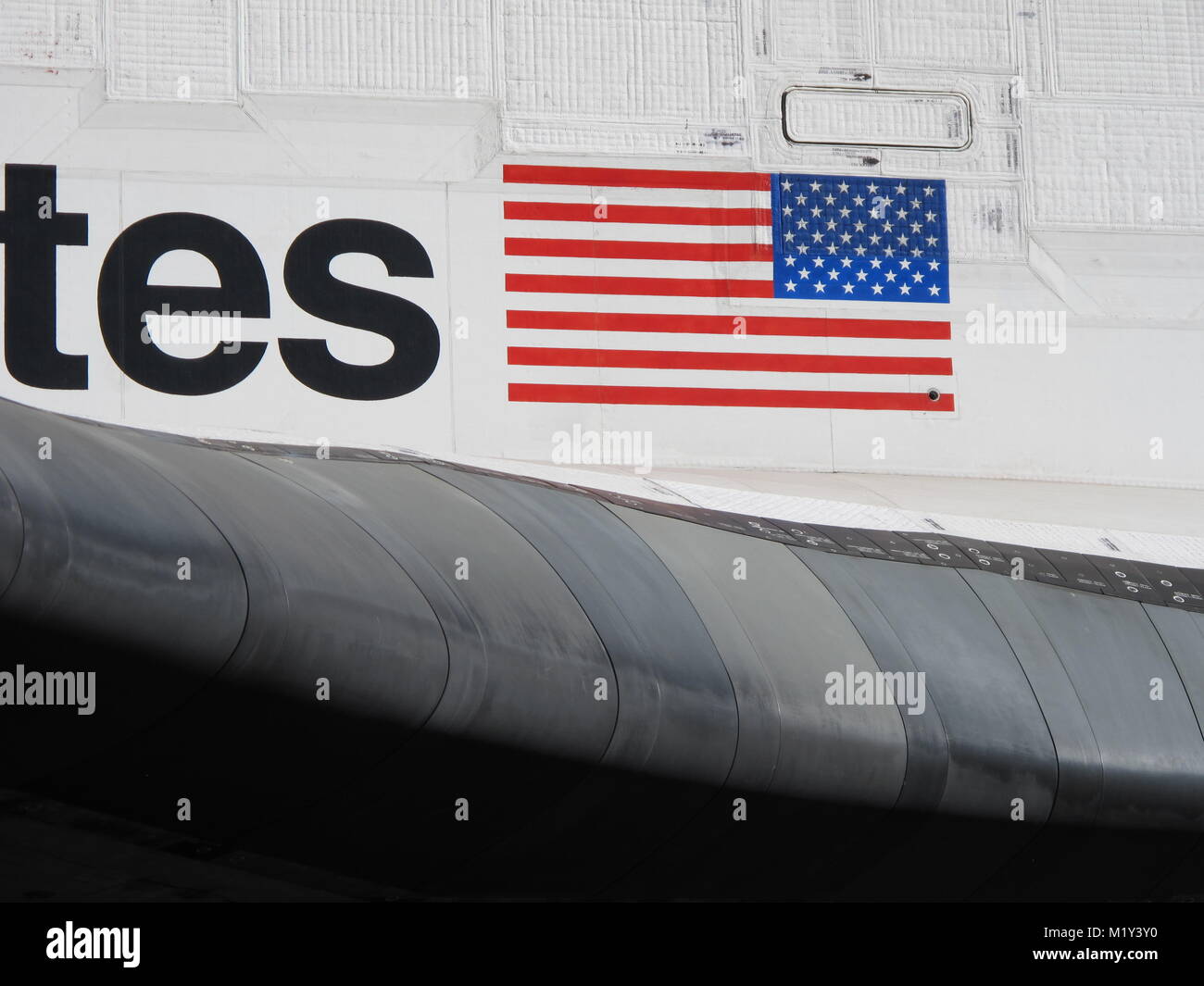 Los Angeles, CA - Oct. 13, 2012: Closeup detail of NASA's Endeavour space shuttle wing and body during the retirement parade for the spacecraft. Stock Photo