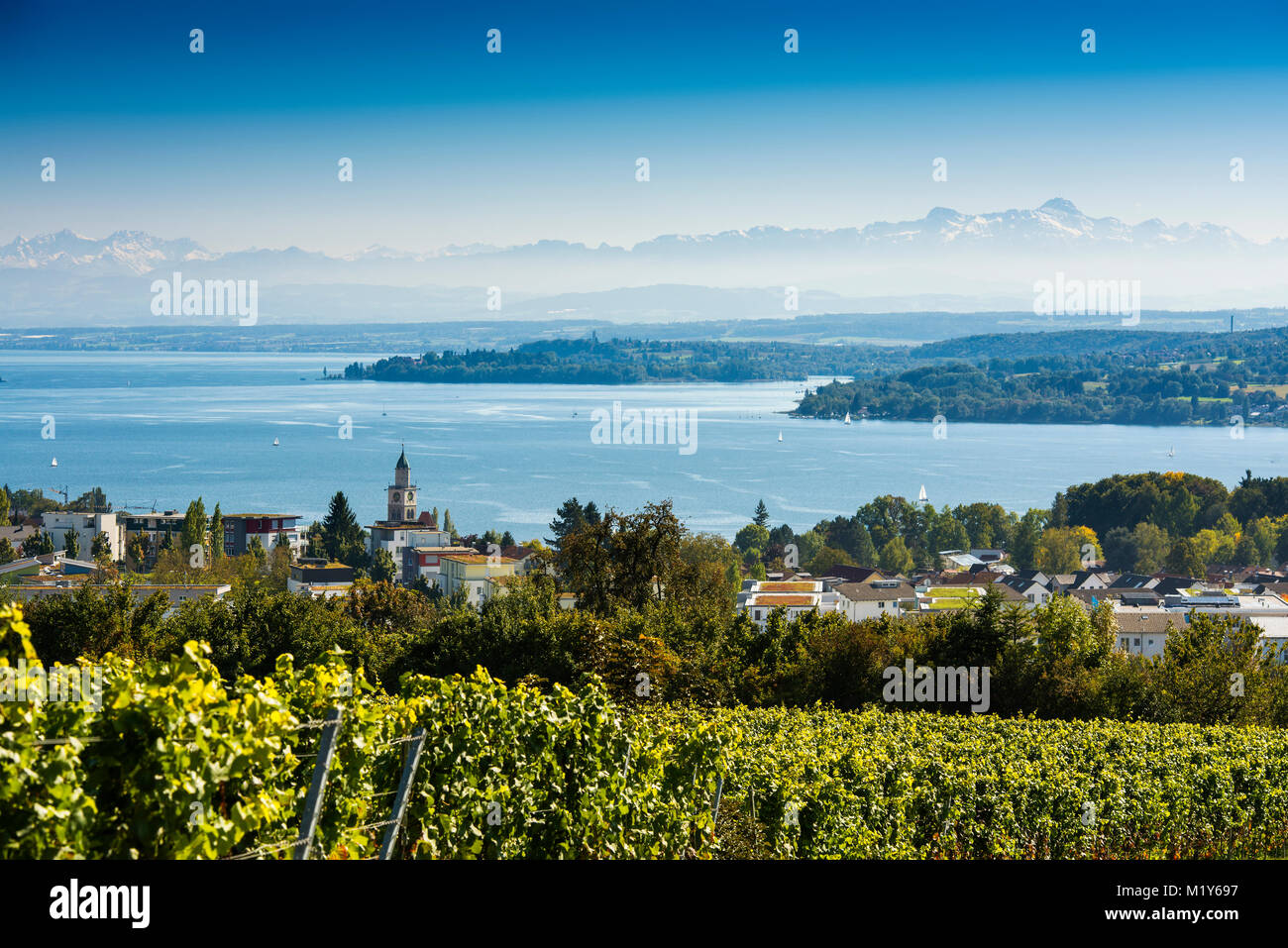 View of Lake Constance, in the back the Swiss Alps with Säntis, Überlingen, Baden-Württemberg, Germany Stock Photo
