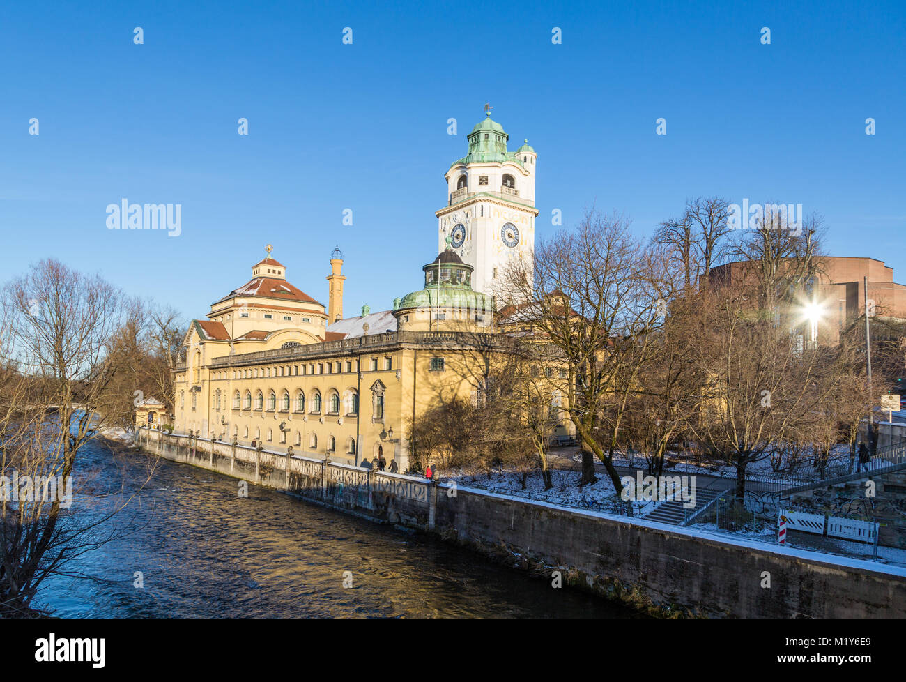 Müllersches Volksbad indoor swimming pool with river Isar in winter, Munich, Germany Stock Photo