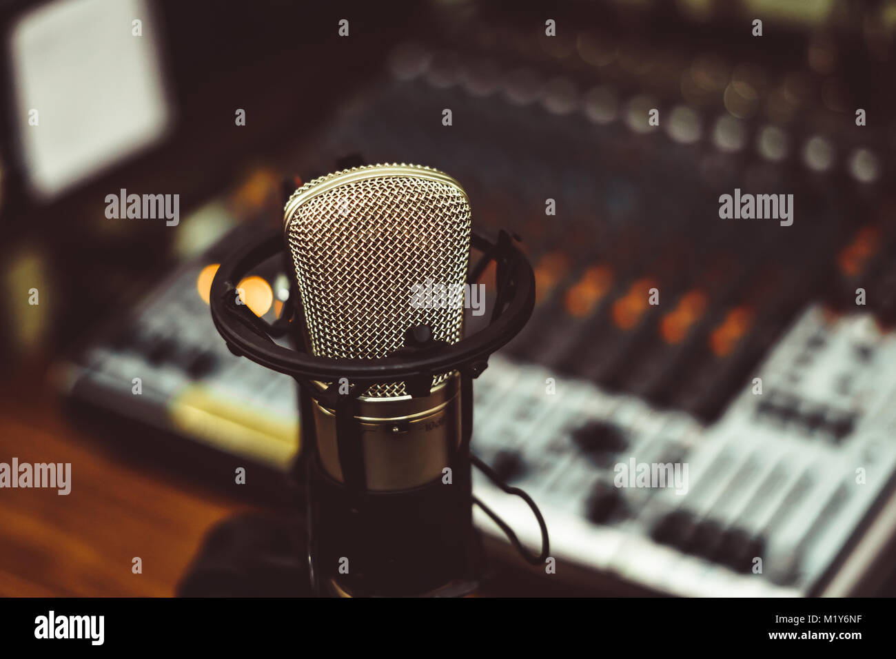 Professional condenser studio microphone over the musician blurred