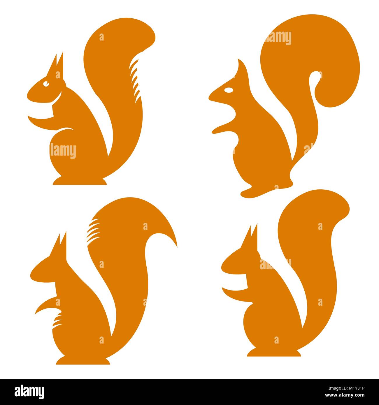 Set of Squirrell Icons Isolated. Omnivorous Rodent with Fluffy Tail Stock Vector