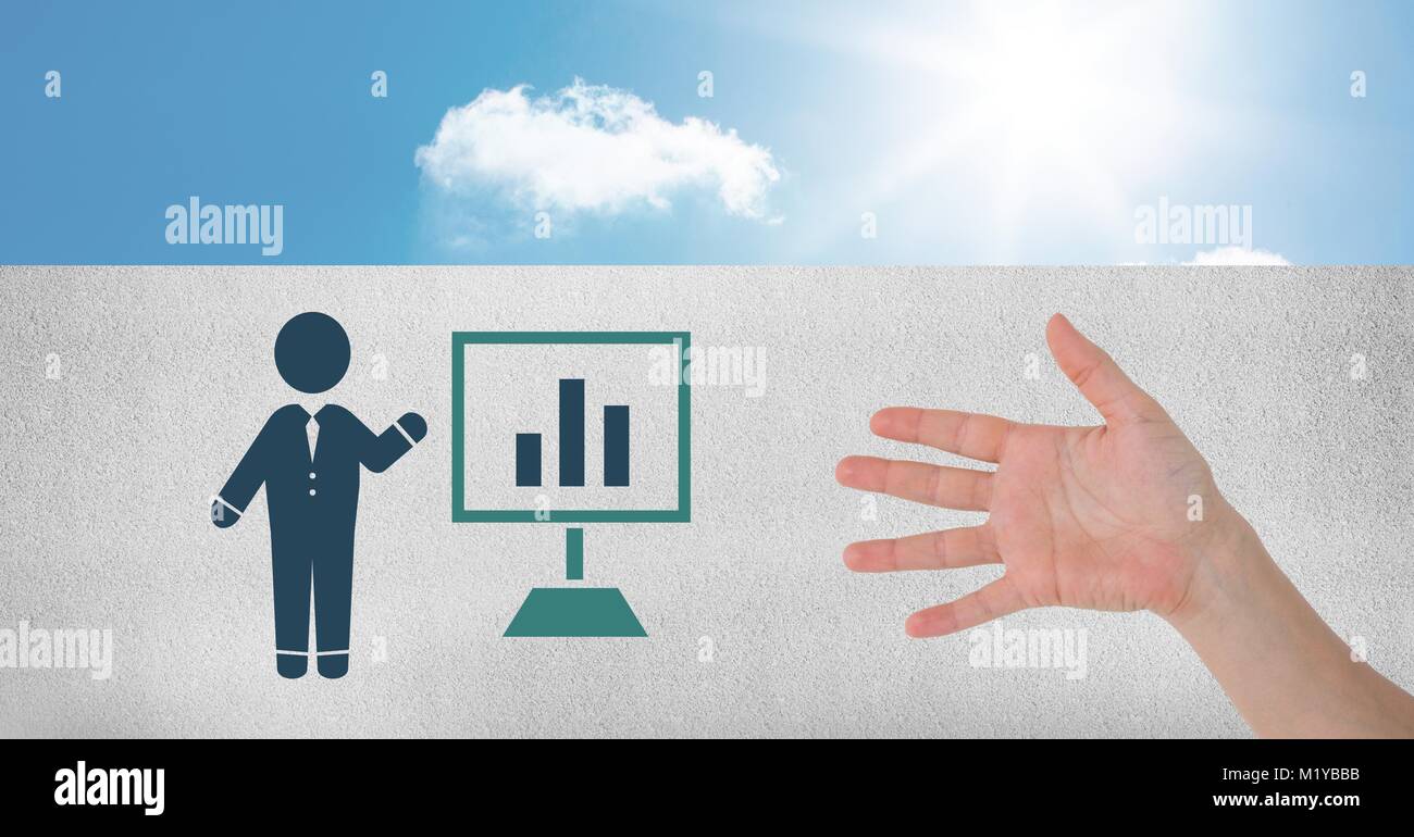 Hand open with business person presentation chart screen icon Stock Photo