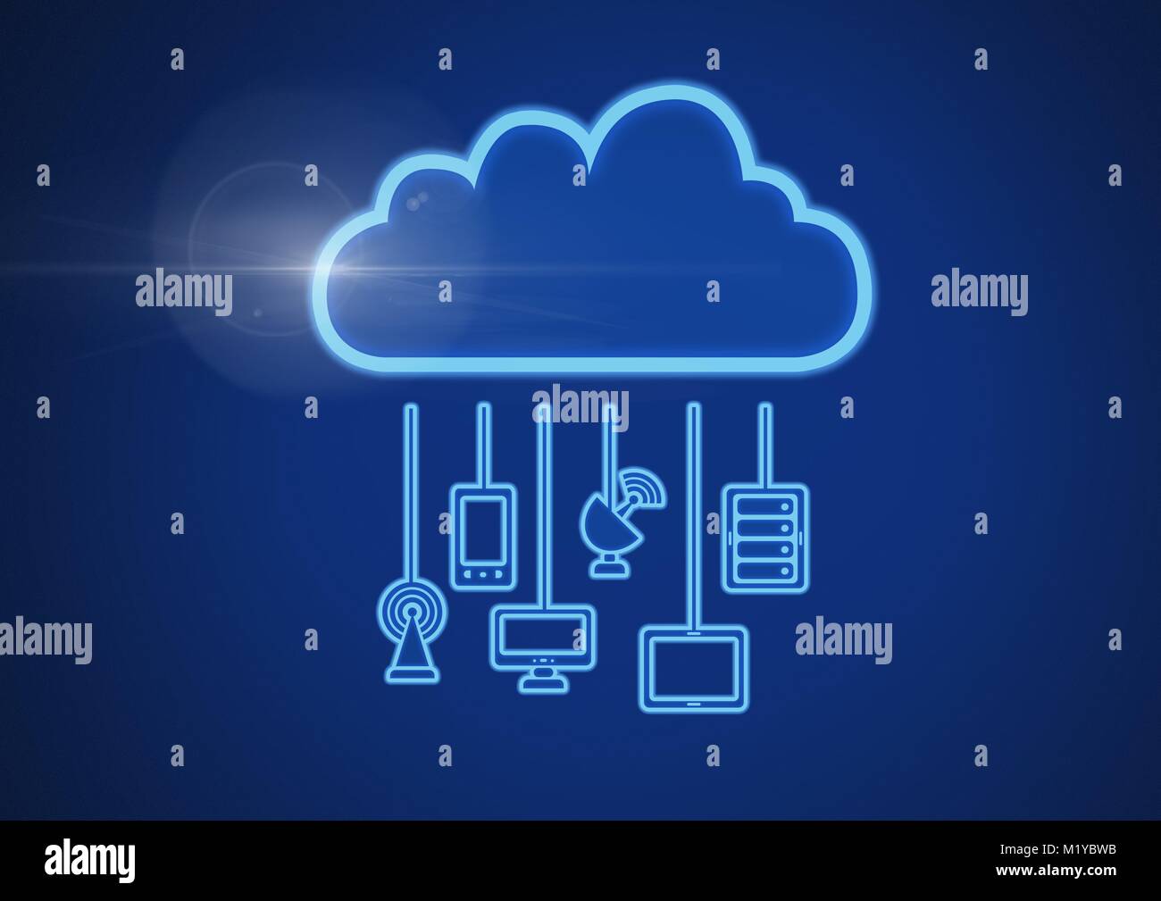cloud icon and connecting devices and signals with blue background ...