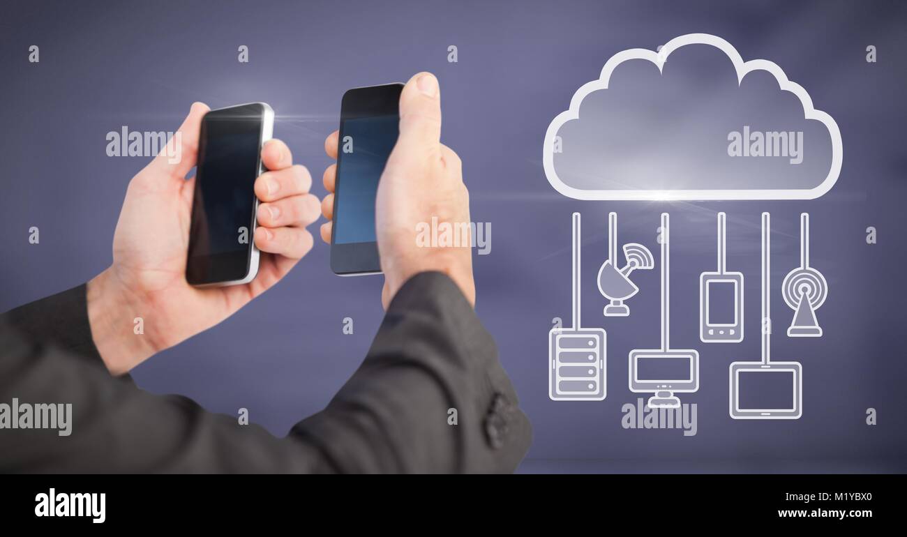 Hand holding phones with cloud icon and hanging connection devices ...