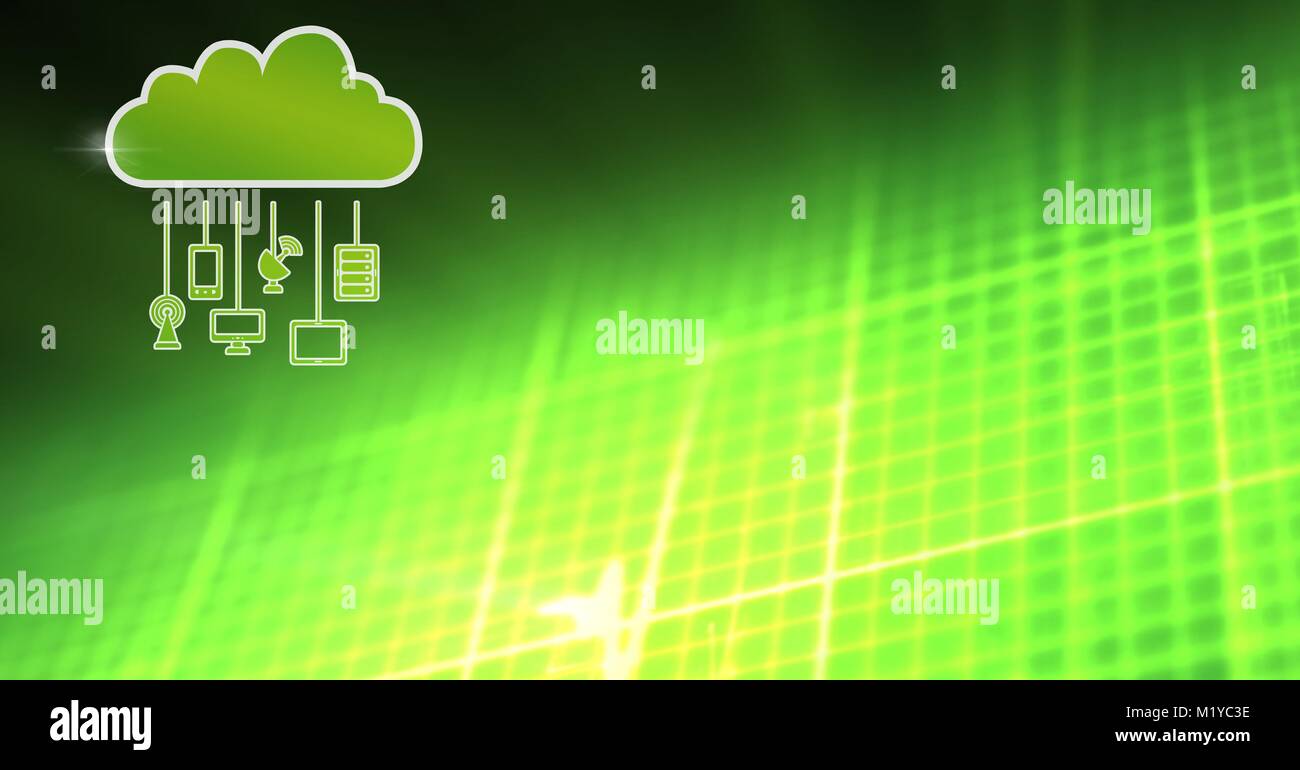 cloud icon and hanging connection devices with green matrix background ...
