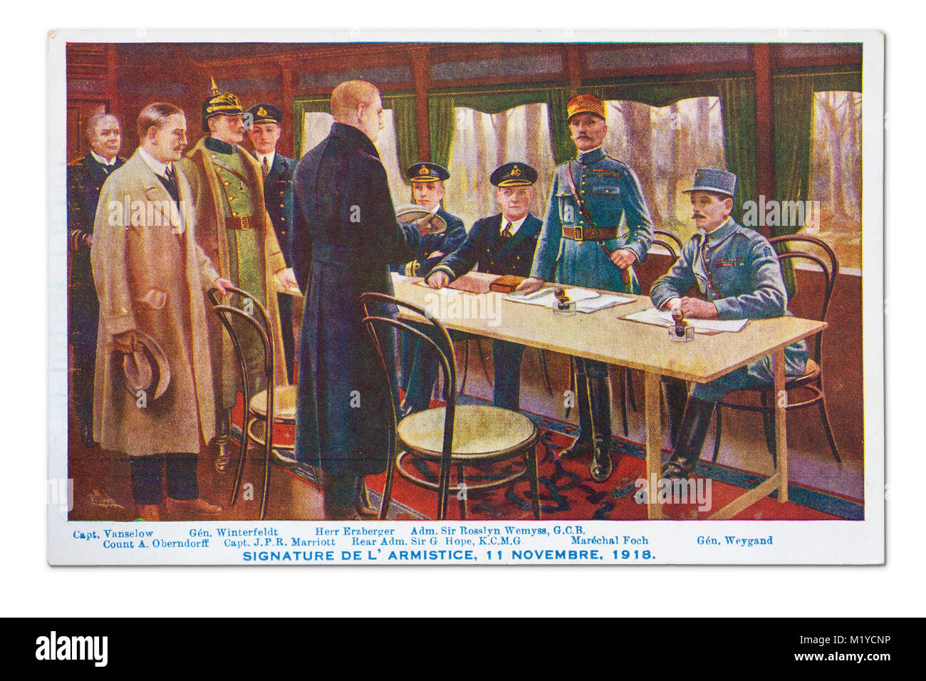 French postcard depicting the signing of the armistice in 1918 (no interior photograph of the event exists). Stock Photo