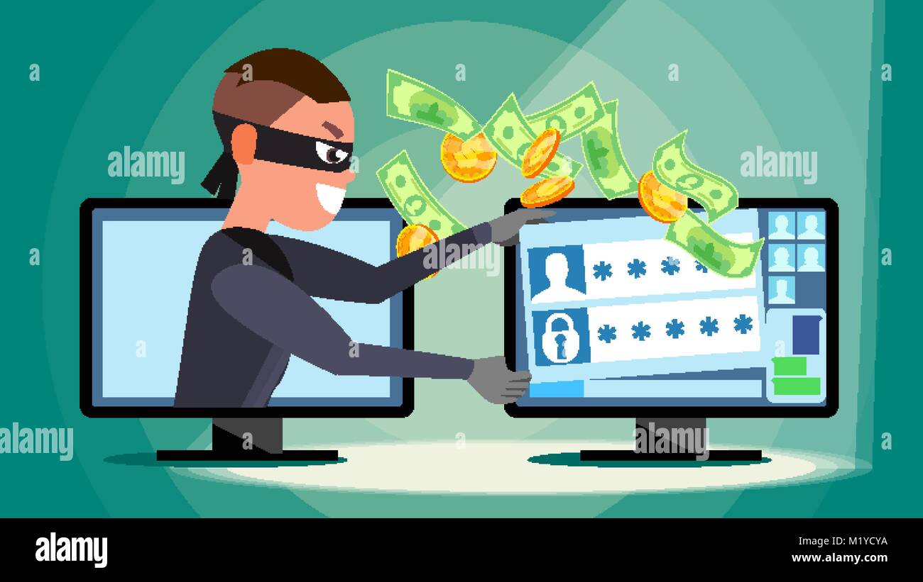 Hacking Concept Vector. Hacker Using Personal Computer Stealing Credit Card Information, Personal Data, Money. Network Fishing. Hacking PIN Code. Breaking, Attacking. Flat Cartoon Illustration Stock Vector
