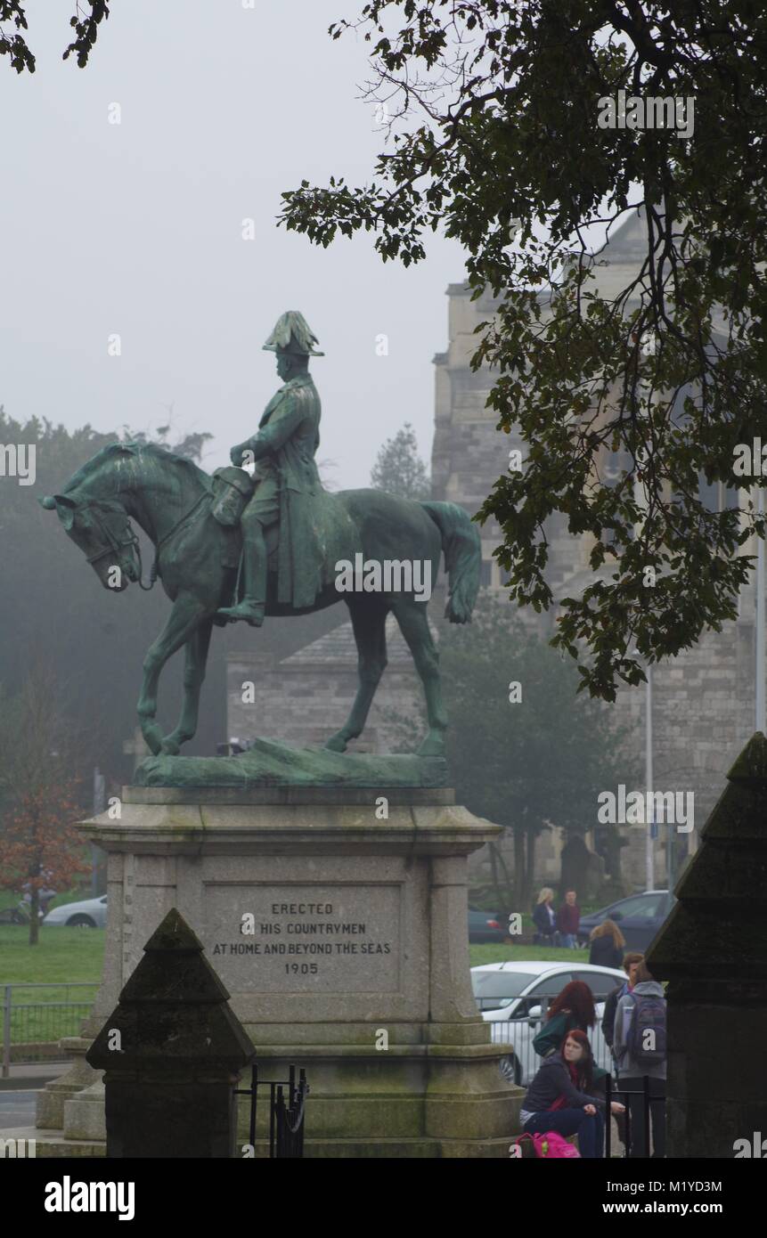 1905 Bronze Equestrian Statue of General Redvers Buller by Adrian Jones on a Misty Day. Exeter, Devon, UK. March 2016. Stock Photo