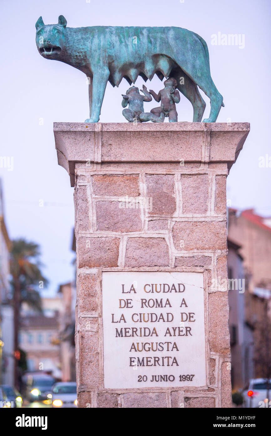 Bronze sculpture of the she-wolf with Romulus and Remus, Replica at Merida city, Spain Stock Photo