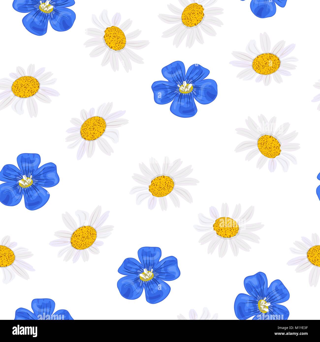 Daisy and forget-me-not, seamless pattern Vector. flax, chamomile wildflower heads. Stock Vector