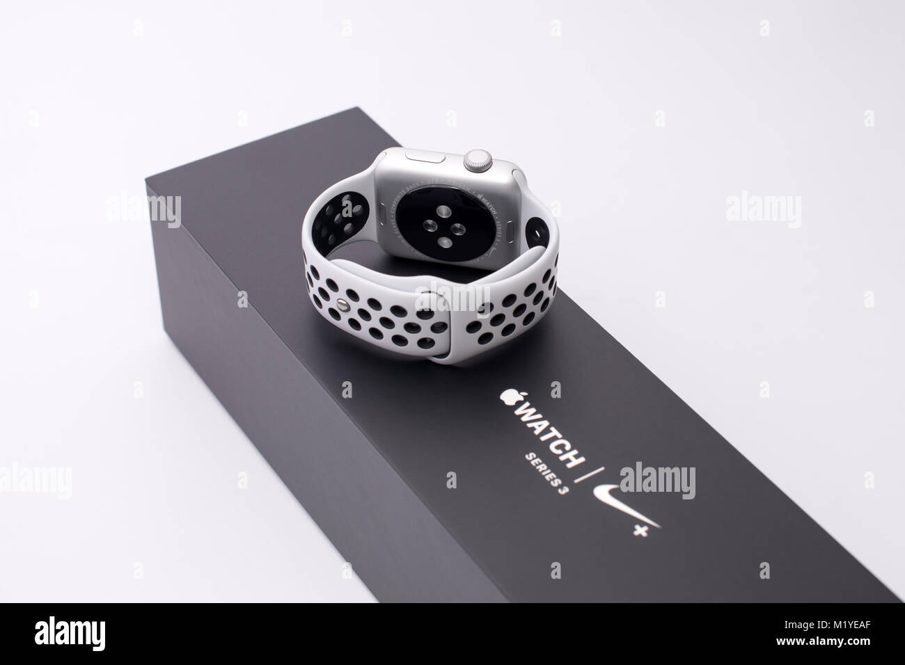 KYIV, UKRAINE 26 JANUARY, 2018 A new Apple Watch on black box at the