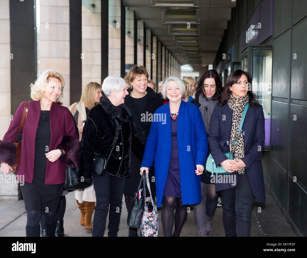 Newscasters and Journalists including, Kate Silverton, Kate Adie, Mariella Frostrup, arrive at Portcullis House for the BBC pay gender debate. Stock Photo