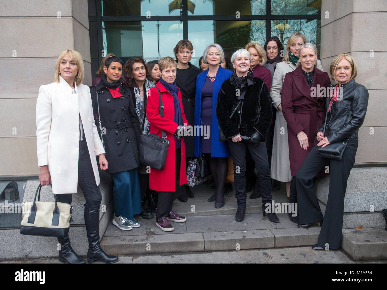 Newscasters and Journalists including, Kate Silverton, Kate Adie, Mariella Frostrup, arrive at Portcullis House for the BBC pay gender debate. Stock Photo