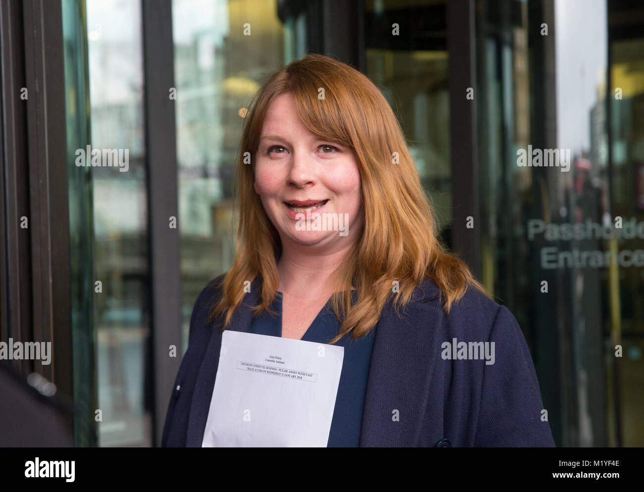 General Secretary of the NUJ, Michelle Stanistreet, arrives at Portcullis House to give evidence to the BBC Pay Gender select Committee with Tony Hall Stock Photo