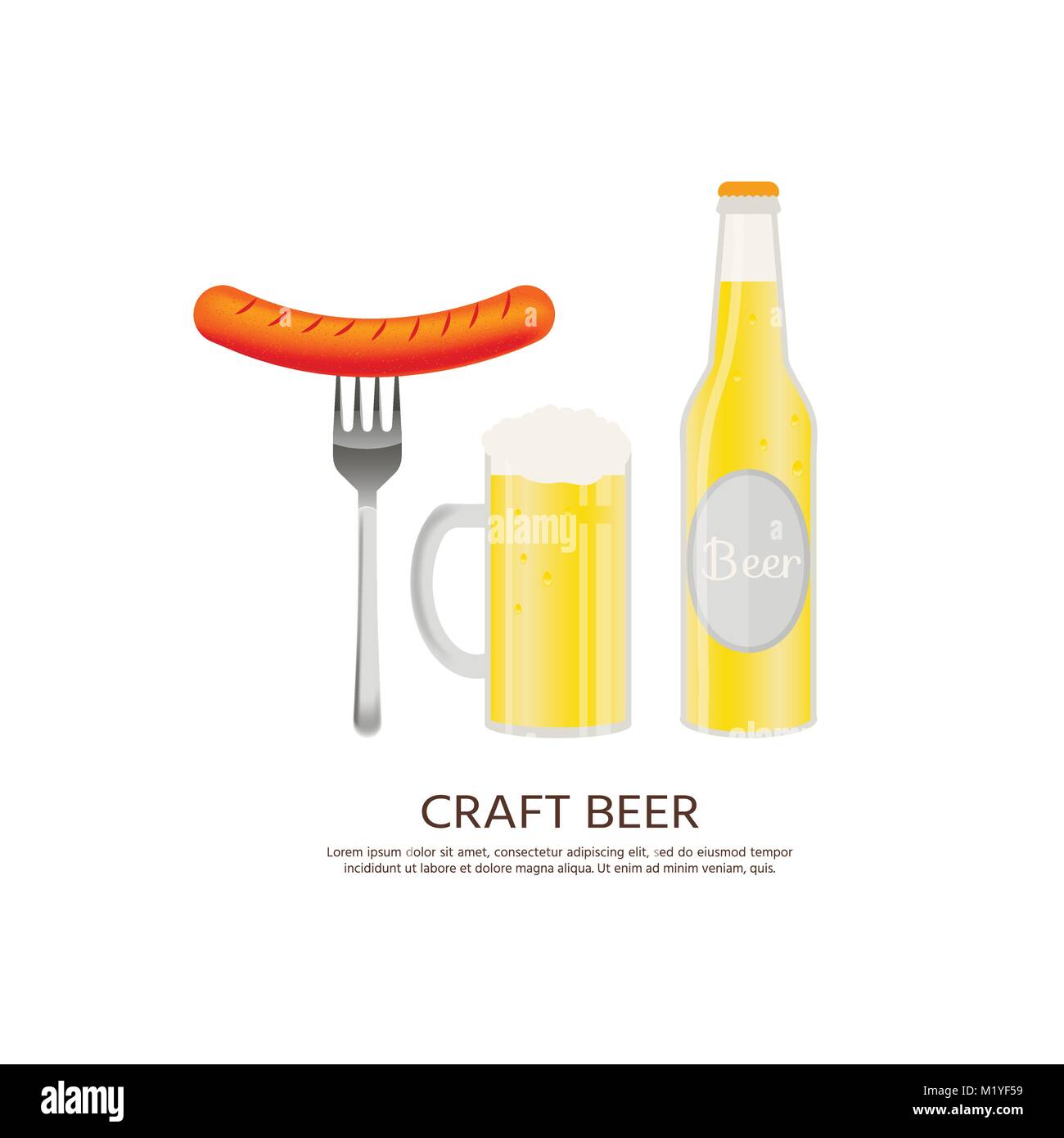 Logo with  beer bottle, sausages, mugs, glasses. Vector icon with alcoholic beverages. Wheat beer, lager, craft beer ale Stock Vector