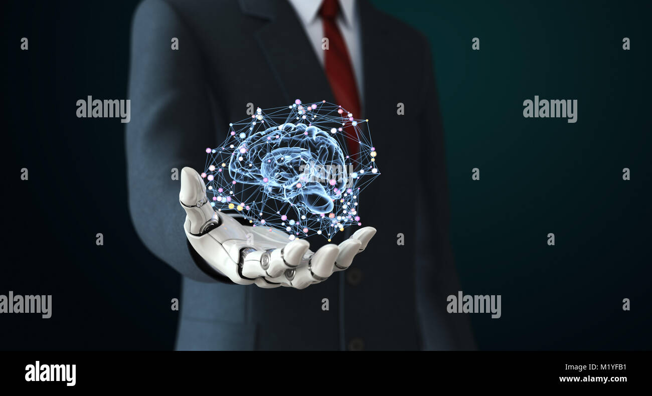 Robot in suit holdng artificial intelligence. 3D illustration Stock Photo