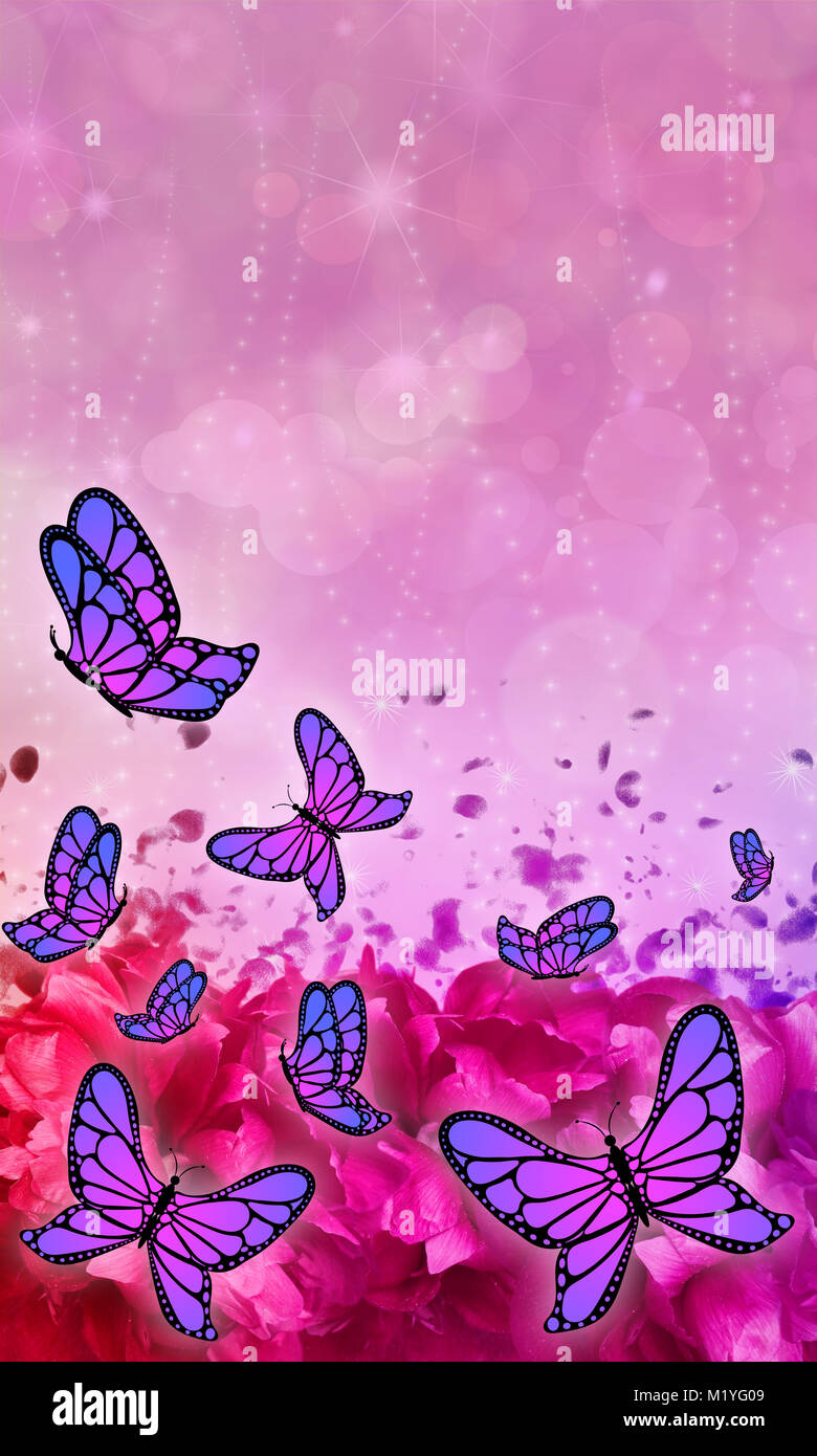 Butterfly patterned beautiful abstract mobile phone screen wallpaper with  flowers, bokeh and sparkles Stock Photo - Alamy