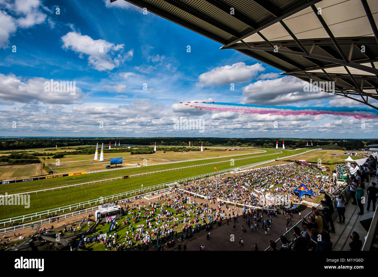RAF Red Arrows flying over Royal Ascot racecourse during the Red Bull ...